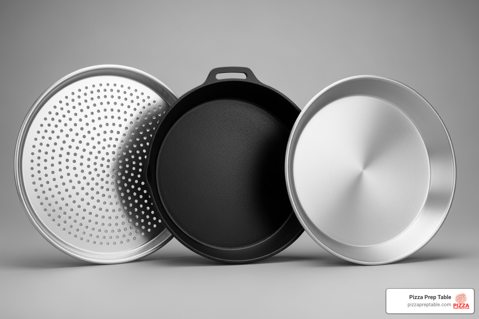 three different 10-inch pizza pans side-by-side: one perforated, one solid deep-dish, and one coupe style - 10 in pizza pan