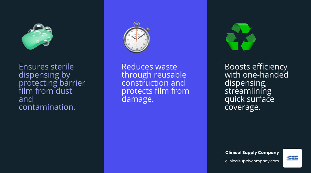 infographic showing three main benefits of barrier film dispensers: 1) Infection Control - keeps film dust-free and enables sterile dispensing, 2) Workflow Efficiency - allows one-handed operation and quick surface coverage, 3) Cost Savings - reusable construction reduces waste and protects film from damage - Barrier film dispenser infographic 3_facts_emoji_blue