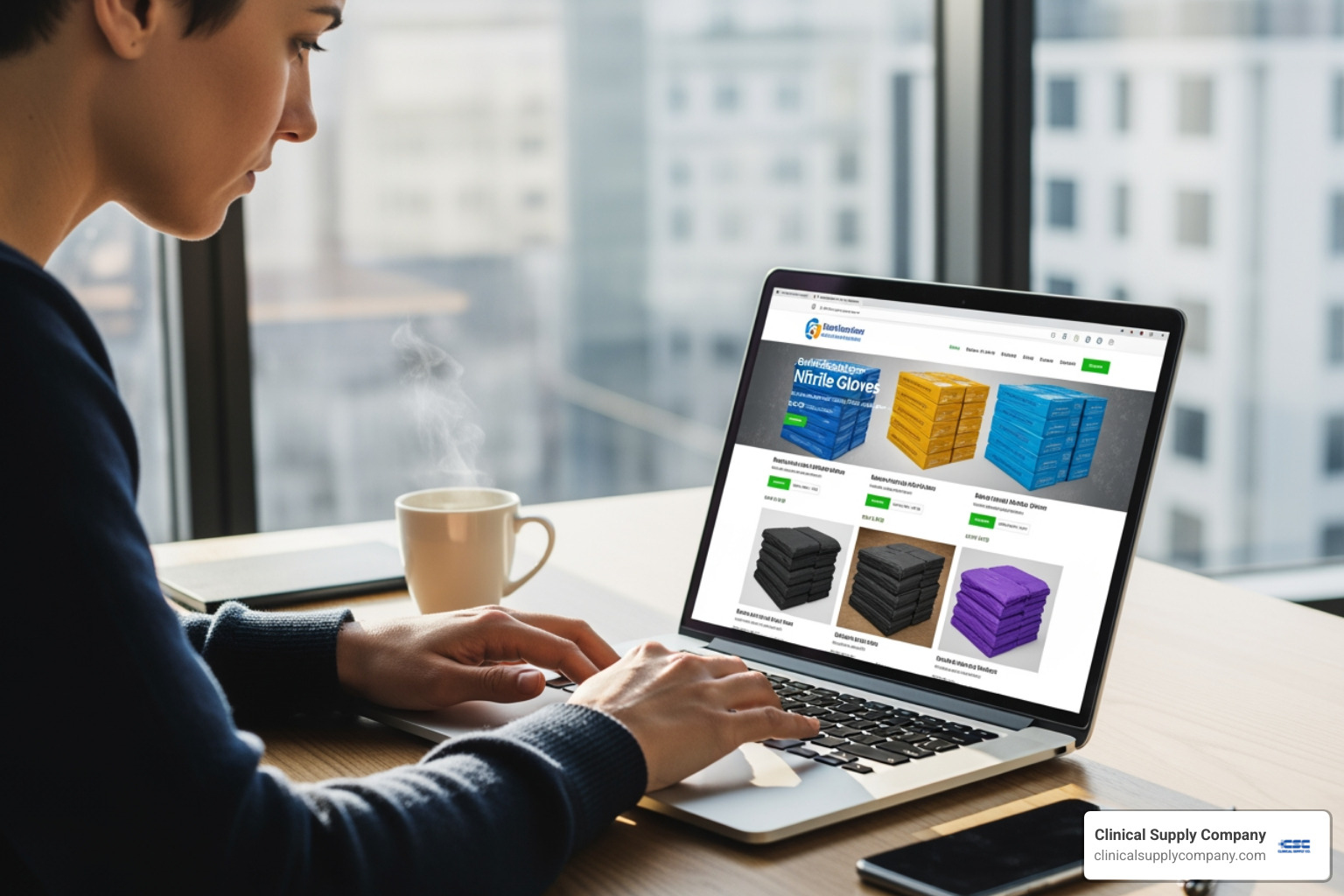 image of a person on a laptop browsing a wholesale glove supplier website - bulk nitrile gloves image of a person on a laptop browsing a wholesale glove supplier website - bulk nitrile gloves
