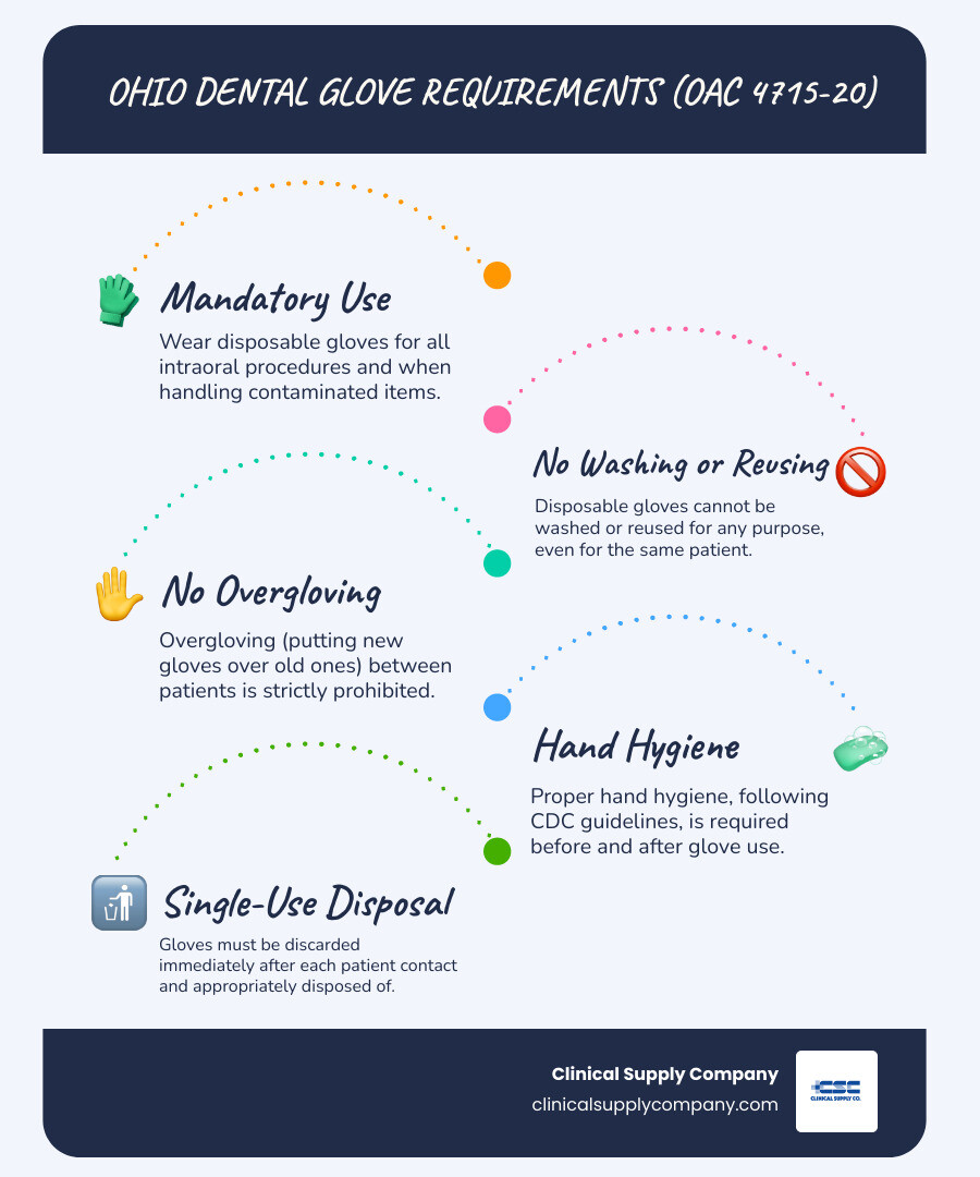 infographic showing Ohio dental glove regulations: mandatory use for intraoral procedures, no washing or reusing, no overgloving between patients, proper hand hygiene required before and after use, single-use disposal required, compliance monitored by Ohio State Dental Board under OAC 4715-20 - dental gloves ohio infographic infographic-line-5-steps-blues-accent_colors
