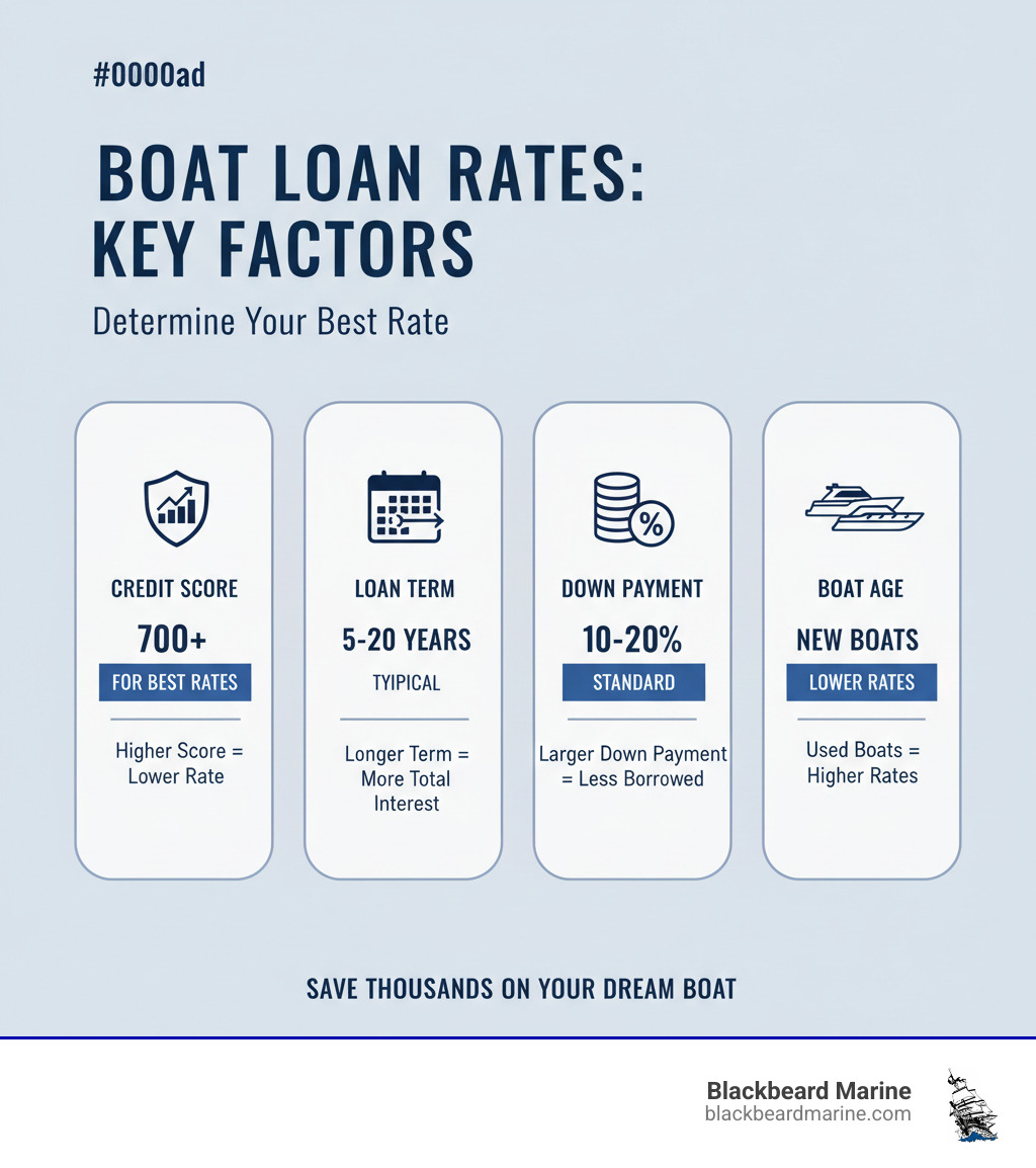 Infographic showing four key factors that determine boat loan rates: Credit Score (700+ for best rates), Loan Term (5-20 years typical), Down Payment (10-20% standard), and Boat Age (new boats get lower rates than used) - Best boat loan rates infographic 