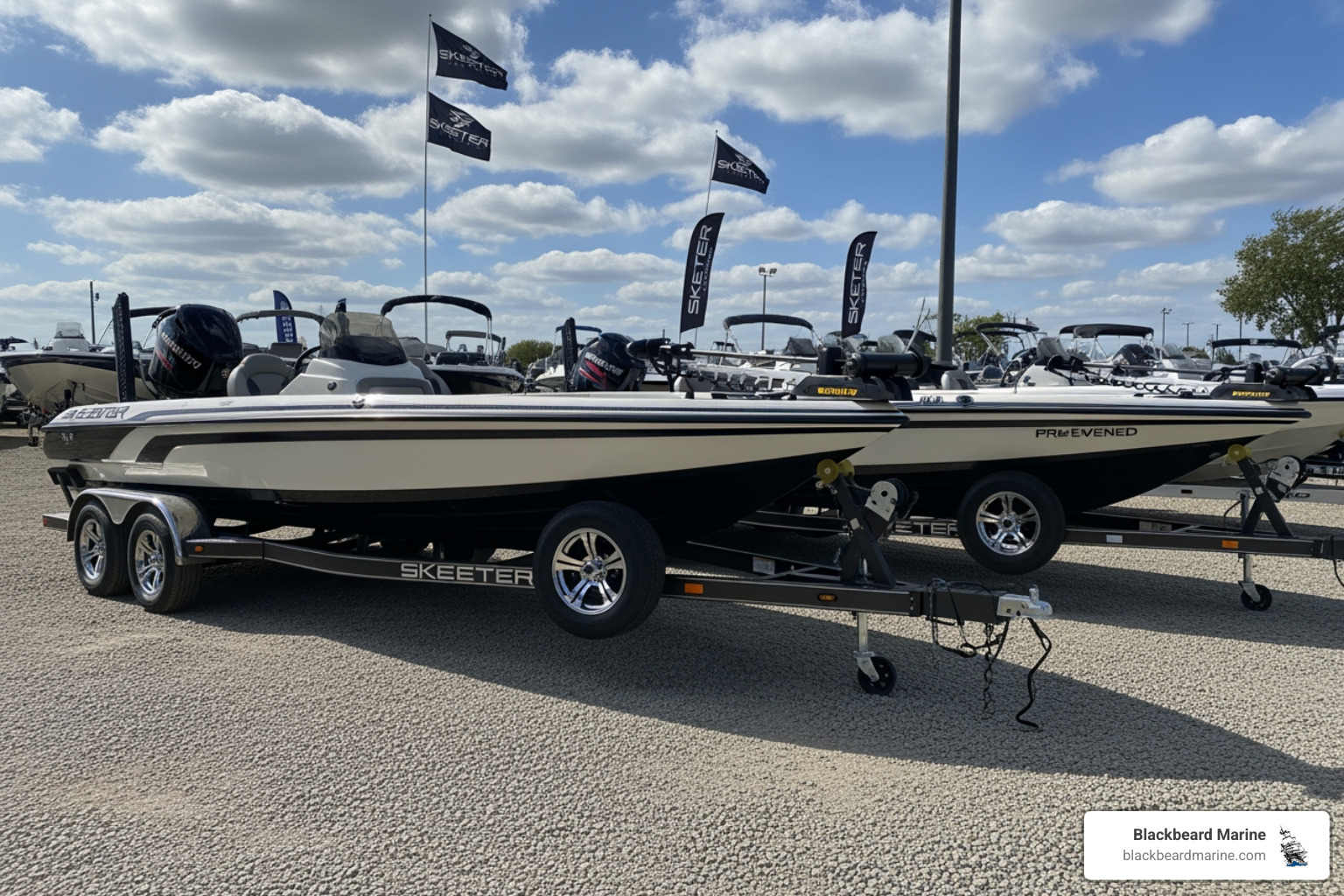 New Skeeter fishing boat next to a used one at a dealership - Best boat loan rates