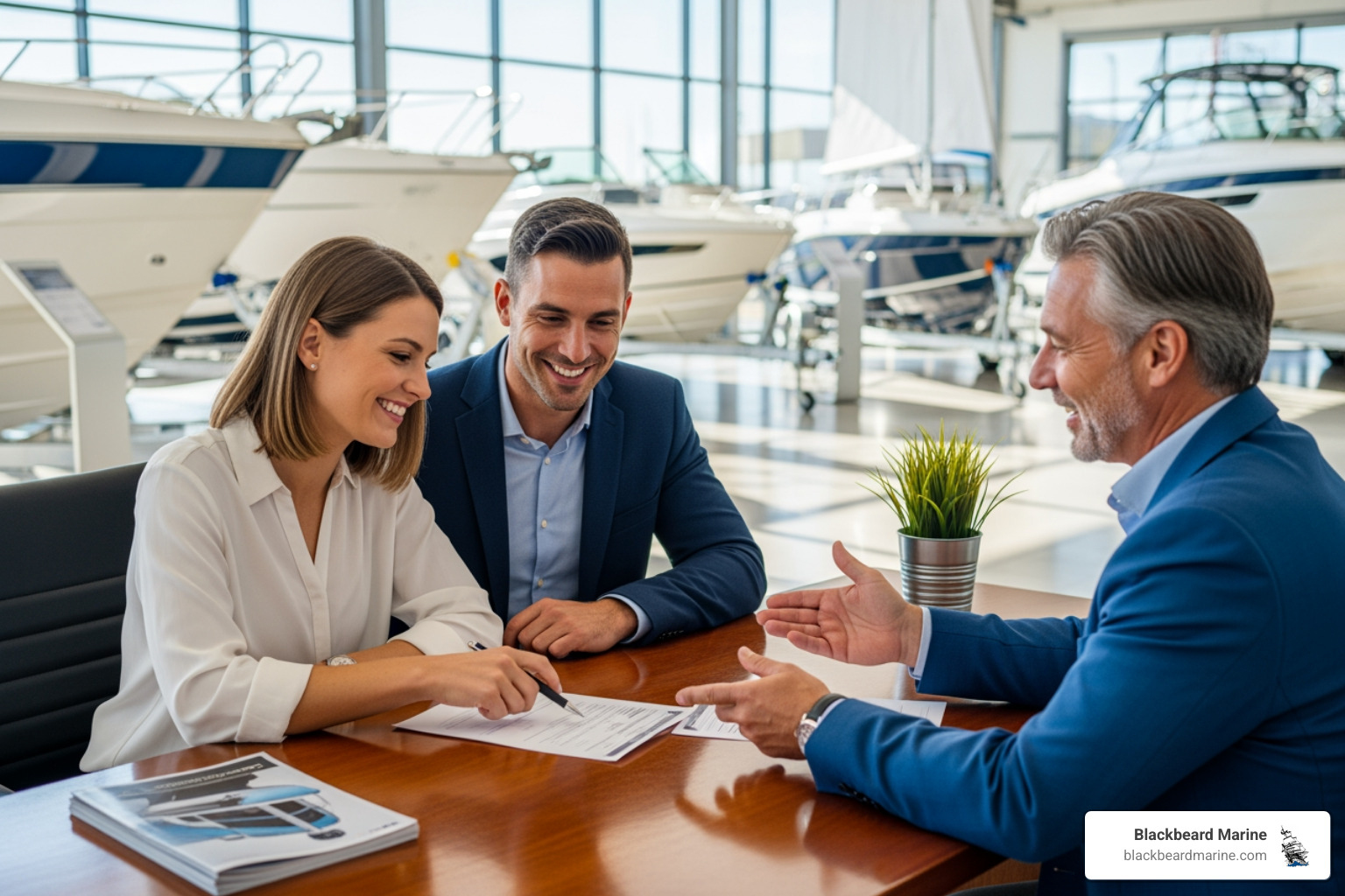 Couple happily reviewing financing paperwork with a dealer - Best boat loan rates