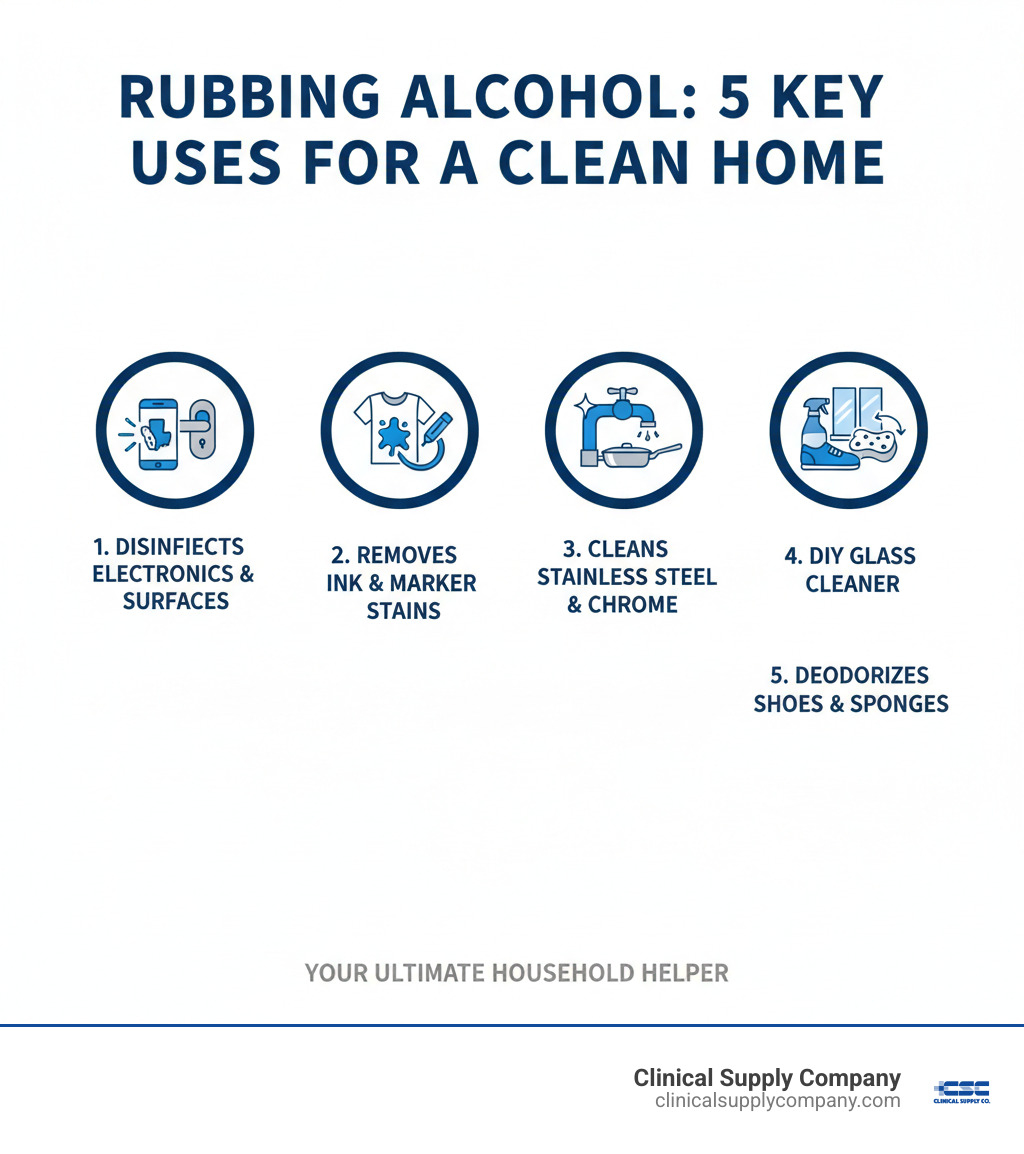 infographic showing 5 key uses for rubbing alcohol: 1. Disinfecting electronics and high-touch surfaces 2. Removing ink and permanent marker stains 3. Cleaning stainless steel and chrome fixtures 4. Making DIY glass cleaners 5. Deodorizing shoes and refreshing sponges - rubbing alcohol for cleaning infographic 
