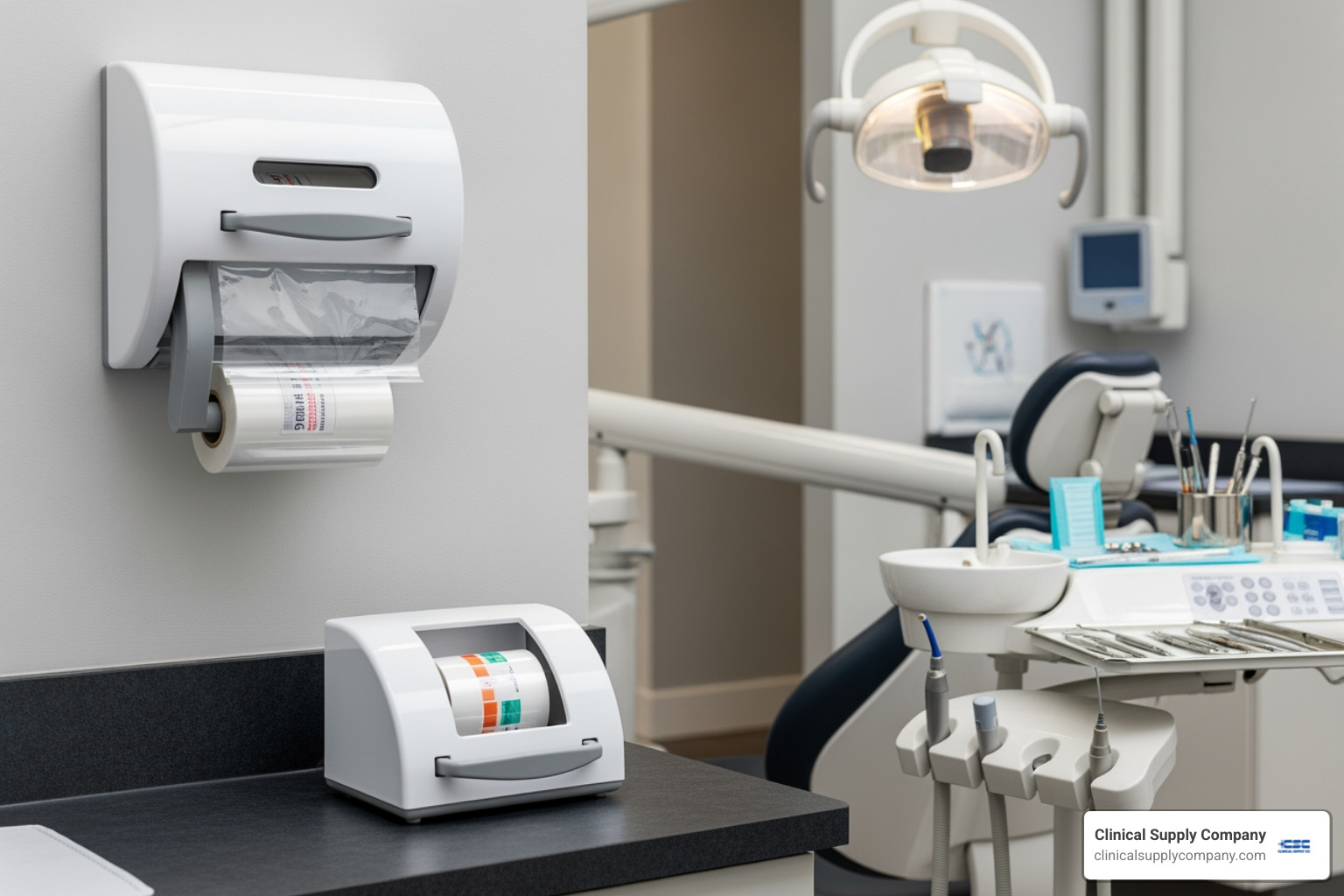 wall-mounted dispenser next to a countertop model - Barrier film dispenser