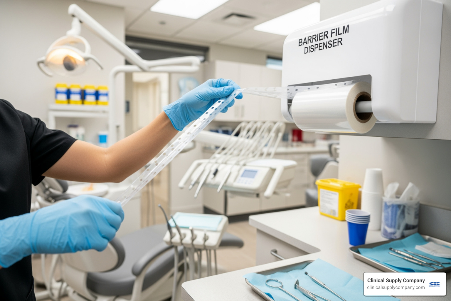 dental assistant easily tearing a sheet of barrier film from a dispenser with one hand - Barrier film dispenser