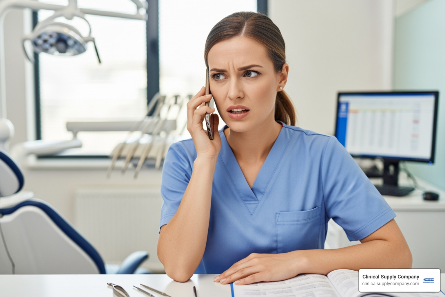 Frustrated dental assistant on the phone placing a rush order - how to manage inventory of dental office supplies Frustrated dental assistant on the phone placing a rush order - how to manage inventory of dental office supplies