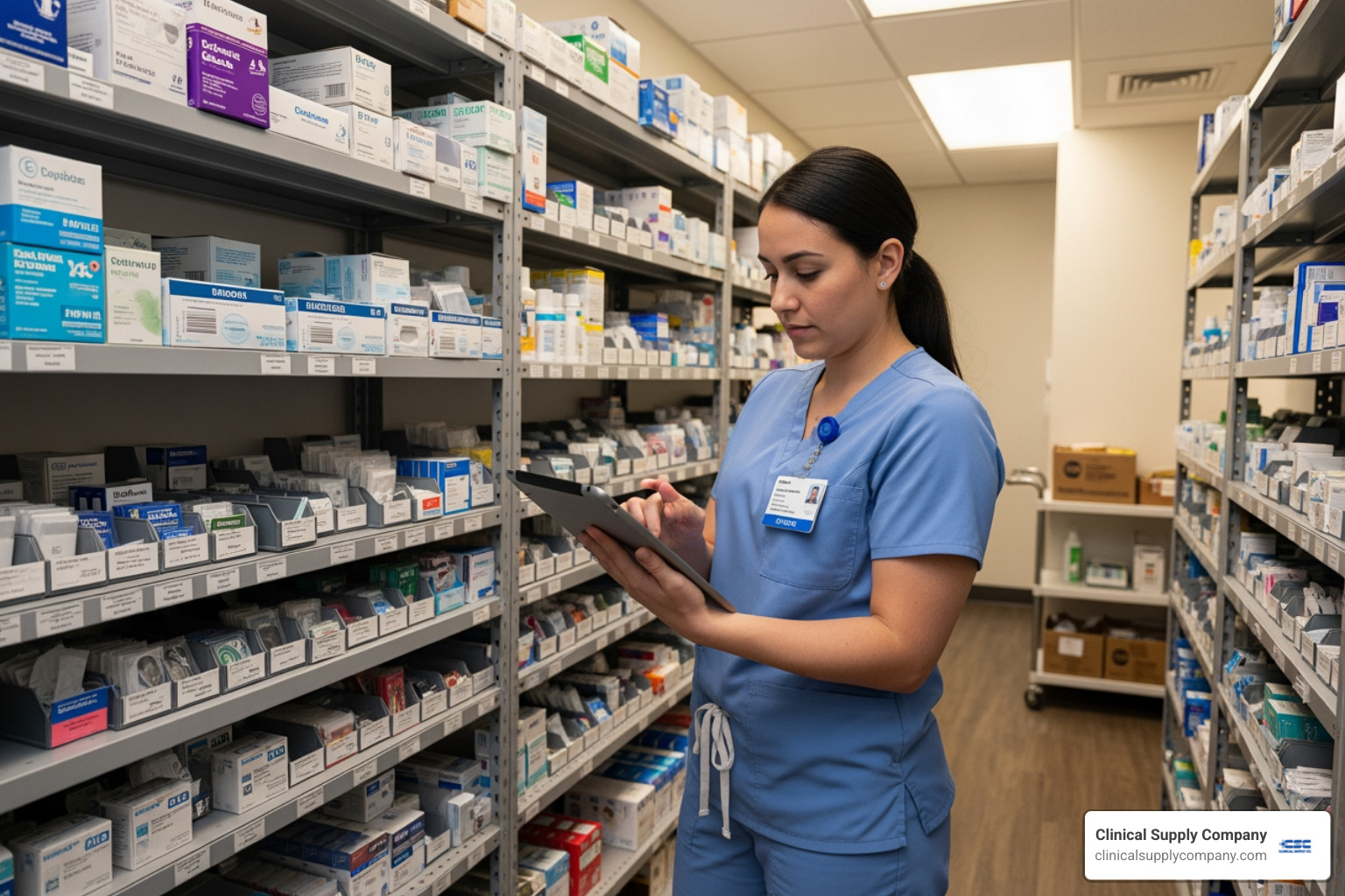 Dental team member using a tablet to check inventory levels in a supply room - how to manage inventory of dental office supplies Dental team member using a tablet to check inventory levels in a supply room - how to manage inventory of dental office supplies
