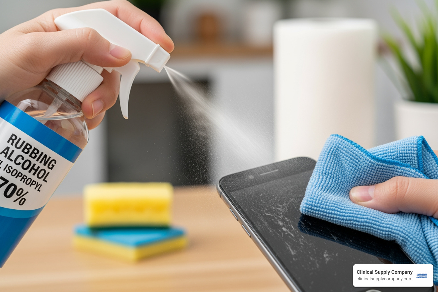 safety icons: flame, ventilation, no mixing - rubbing alcohol for cleaning