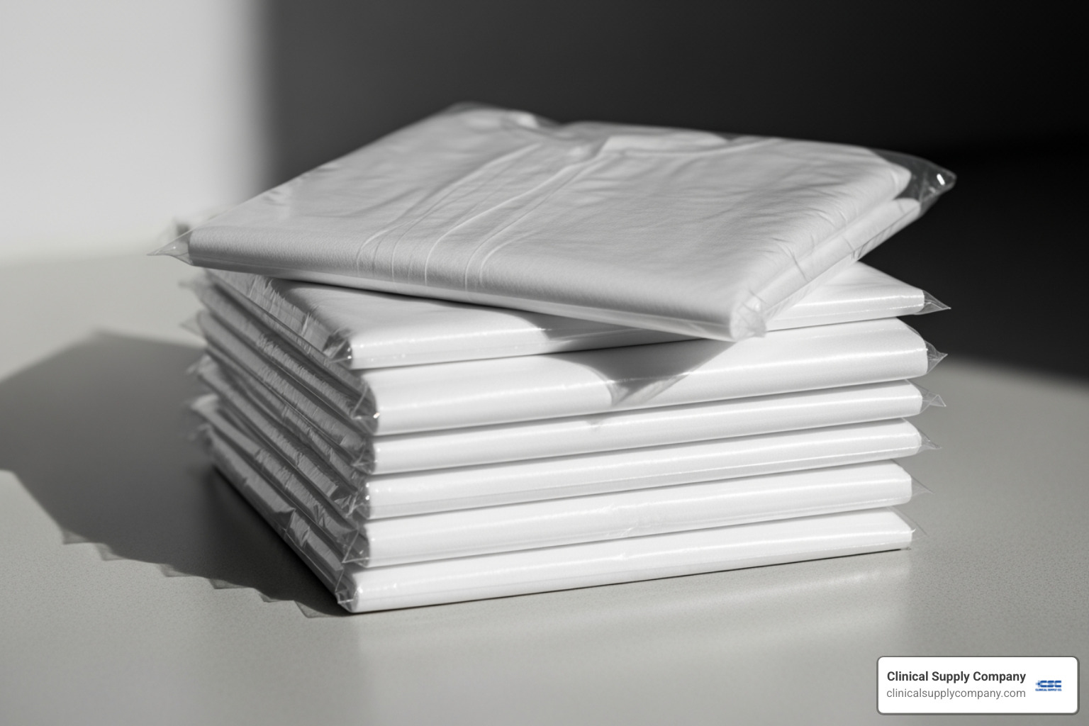 stack of neatly folded white isolation gowns - white disposable isolation gowns