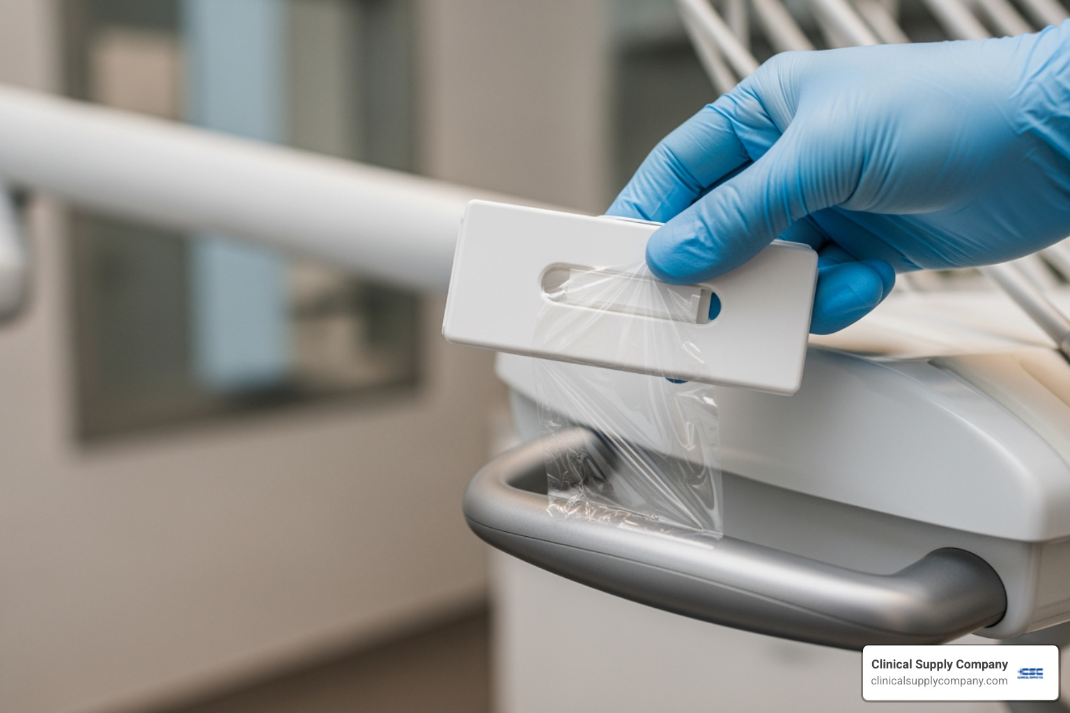 barrier film being applied to a dental chair light handle from a dispenser - Barrier film dispenser
