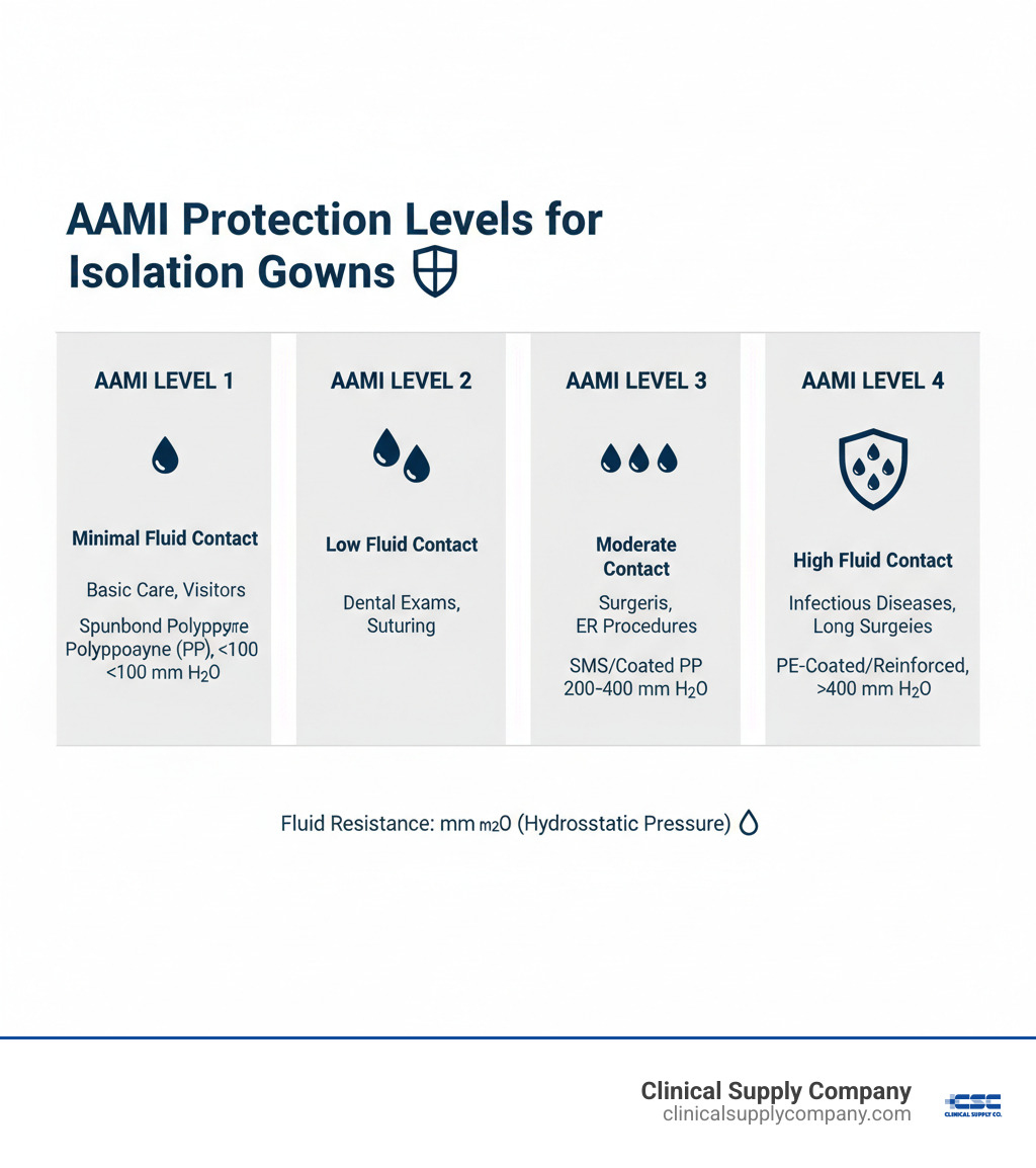 Infographic showing the four AAMI protection levels for isolation gowns, with each level's appropriate use cases, material construction, and fluid resistance ratings displayed in a clear comparison chart - white disposable isolation gowns infographic 