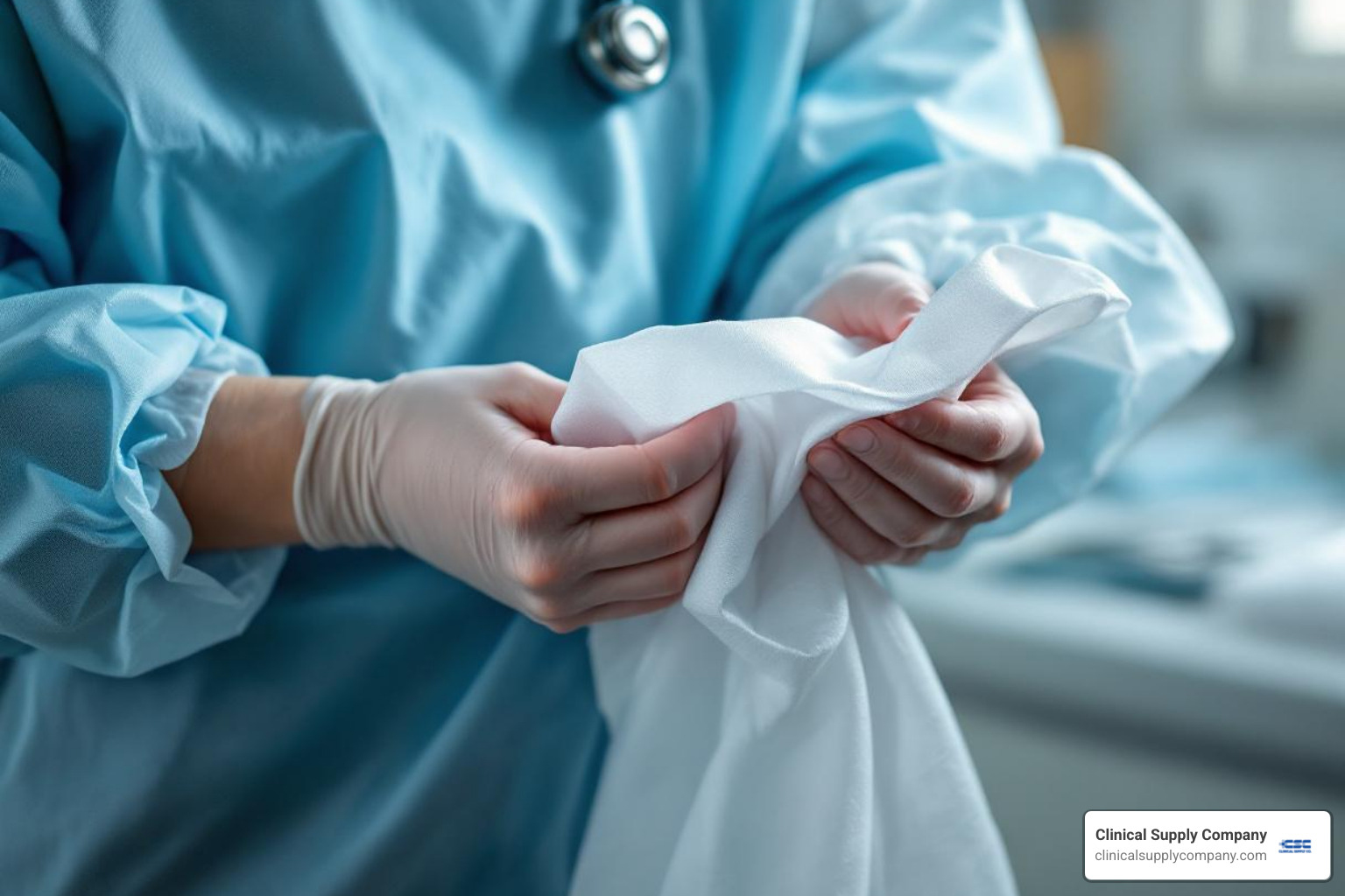 illustrating the doffing process to avoid contamination - white disposable isolation gowns