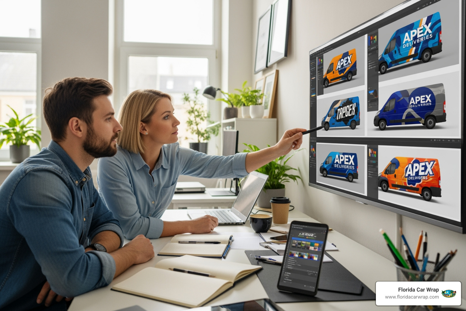 designer collaborating with client - Commercial vehicle wraps designer collaborating with client - Commercial vehicle wraps