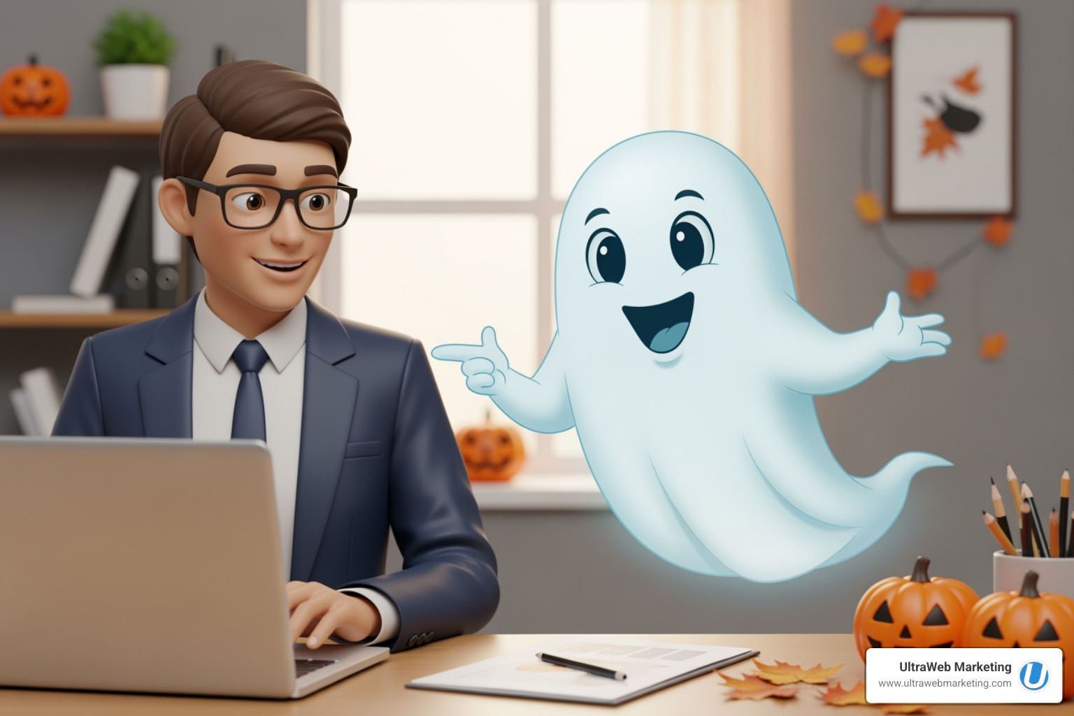 Halloween-themed image of a friendly ghost helping a business owner with their laptop - Ecommerce payment integration Halloween-themed image of a friendly ghost helping a business owner with their laptop - Ecommerce payment integration