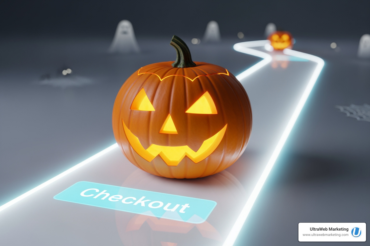 Halloween-themed image of a smiling pumpkin on a smooth, clear checkout path - Ecommerce payment integration Halloween-themed image of a smiling pumpkin on a smooth, clear checkout path - Ecommerce payment integration