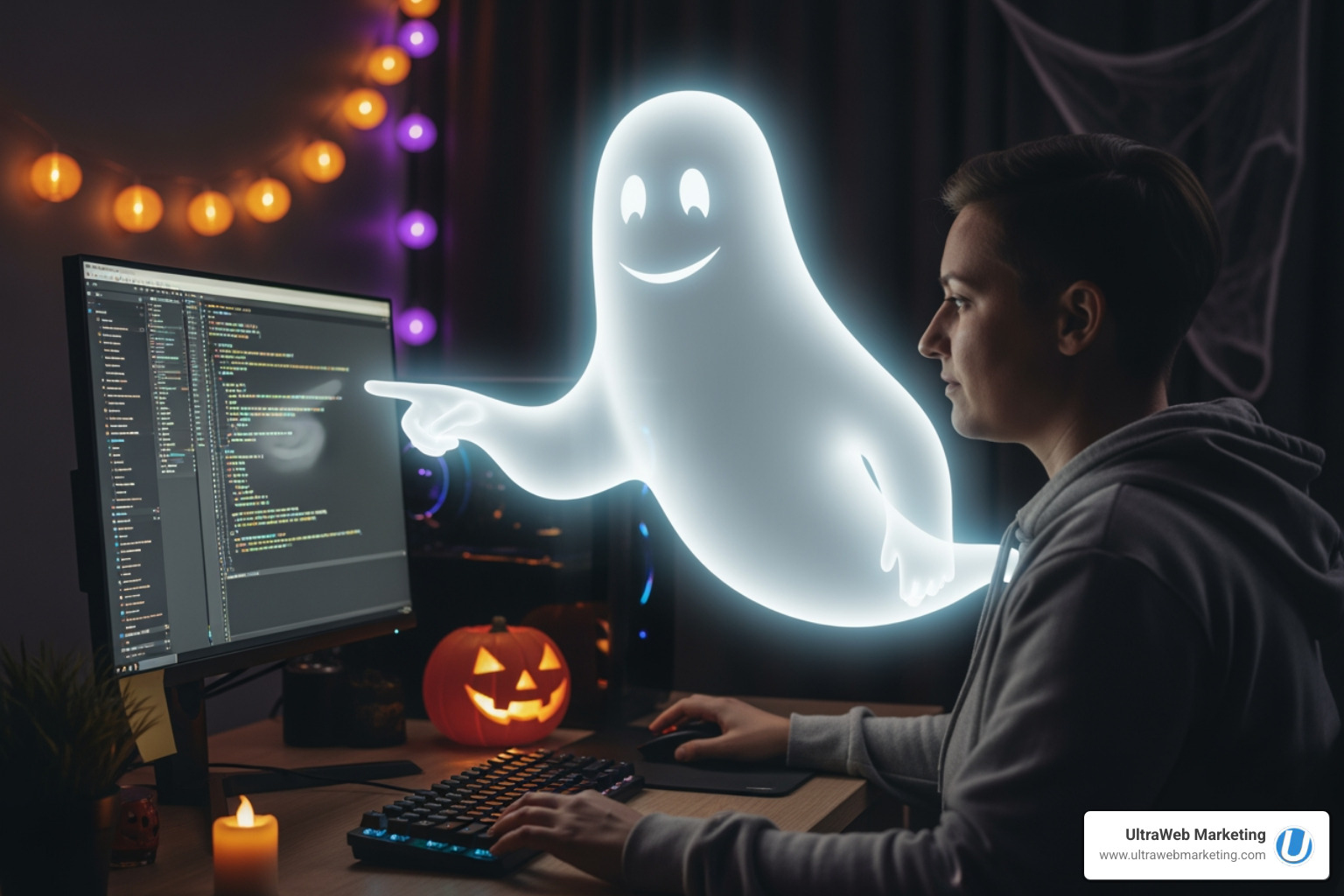 Halloween-themed image of a friendly ghost guiding a developer through lines of code - Ecommerce payment integration Halloween-themed image of a friendly ghost guiding a developer through lines of code - Ecommerce payment integration