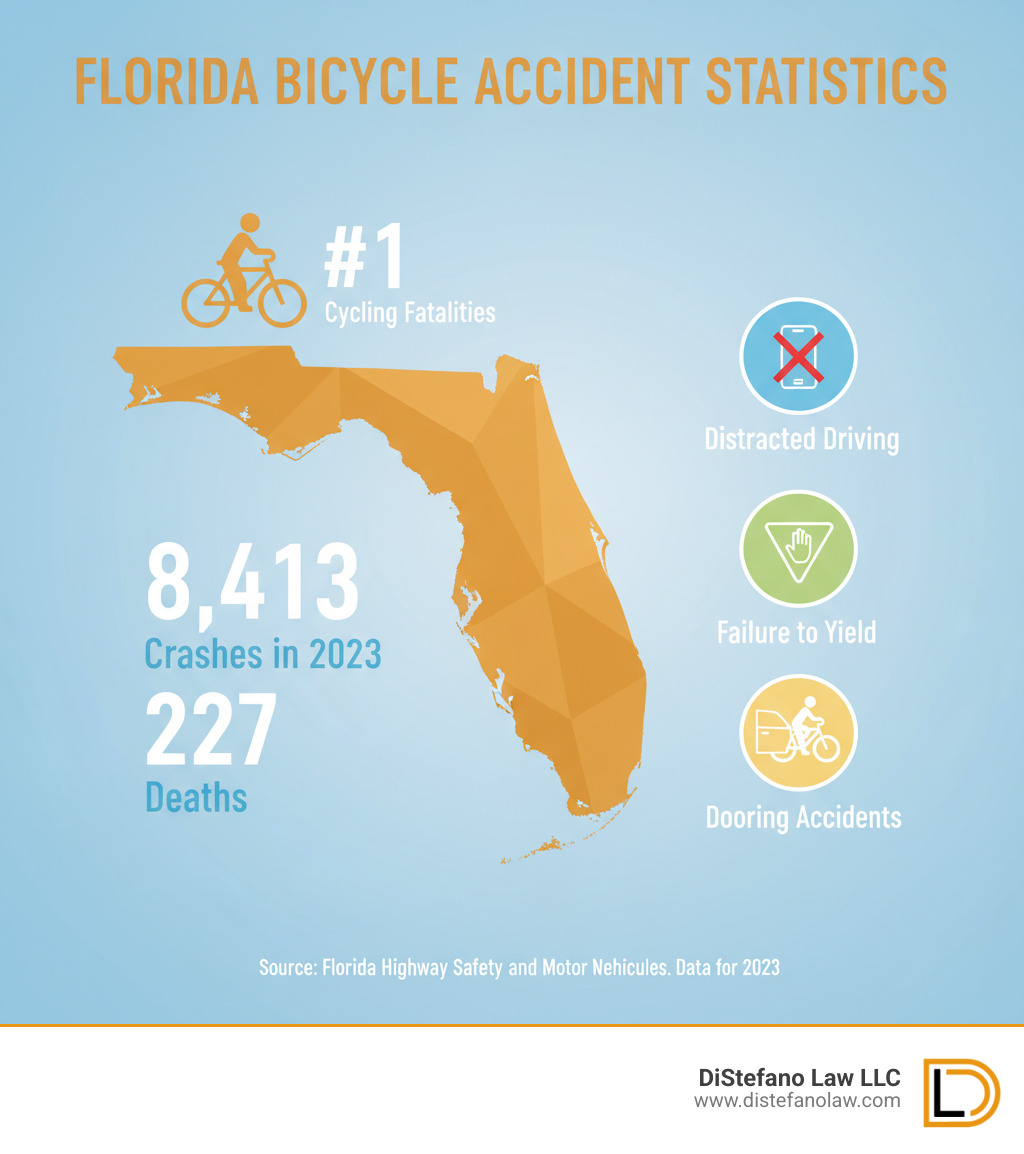 infographic showing Florida bicycle accident statistics including 8,413 crashes in 2023, 227 deaths, Florida's #1 ranking for cycling fatalities, and common causes like distracted driving, failure to yield, and dooring accidents - florida bike accident lawyer infographic 