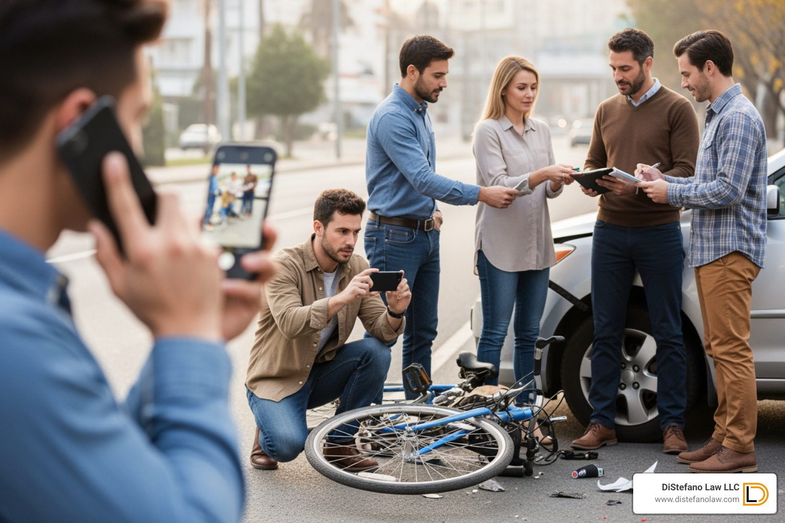 illustration of steps to take at an accident scene: calling 911, taking photos, exchanging information - florida bike accident lawyer
