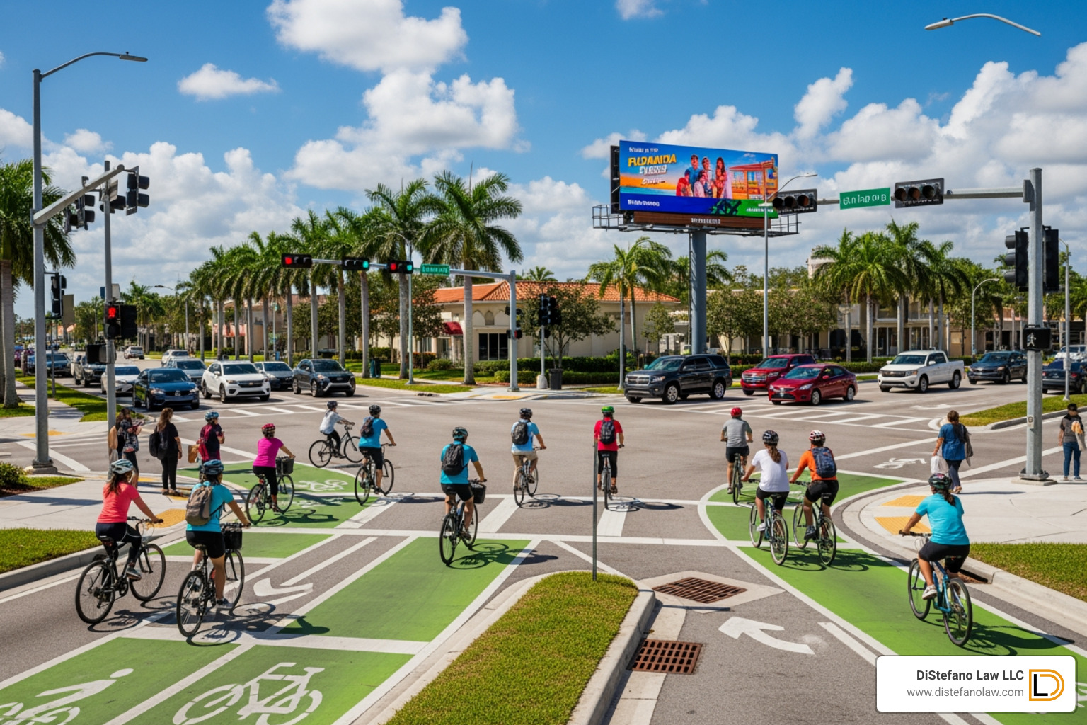busy Florida intersection with designated bike lanes - florida bike accident lawyer
