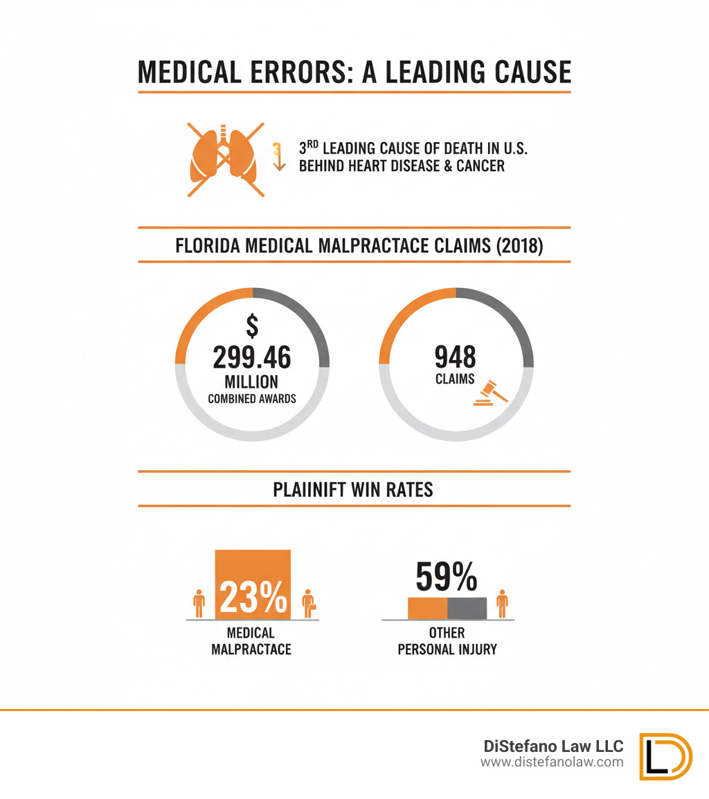 Infographic showing medical errors as the third leading cause of death in the U.S., with statistics on Florida medical malpractice claims including the $299.46 million in combined awards for 948 claims in 2018, and the 23% plaintiff win rate compared to 59% for other personal injury cases - medical malpractice lawyers in florida infographic Infographic showing medical errors as the third leading cause of death in the U.S., with statistics on Florida medical malpractice claims including the $299.46 million in combined awards for 948 claims in 2018, and the 23% plaintiff win rate compared to 59% for other personal injury cases - medical malpractice lawyers in florida infographic
