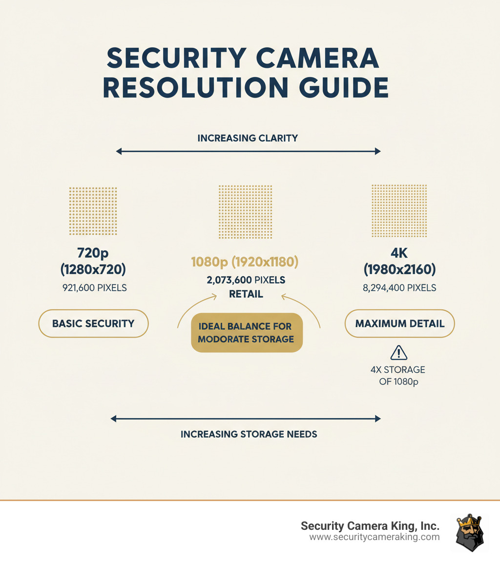 Infographic comparing resolution options: 720p shows 921,600 pixels (1280x720) labeled as basic security; 1080p shows 2,073,600 pixels (1920x1080) labeled as ideal balance for retail with moderate storage needs; 4K shows 8,294,400 pixels (3840x2160) labeled as maximum detail but 4x storage requirements of 1080p - 1080p hd security camera infographic 