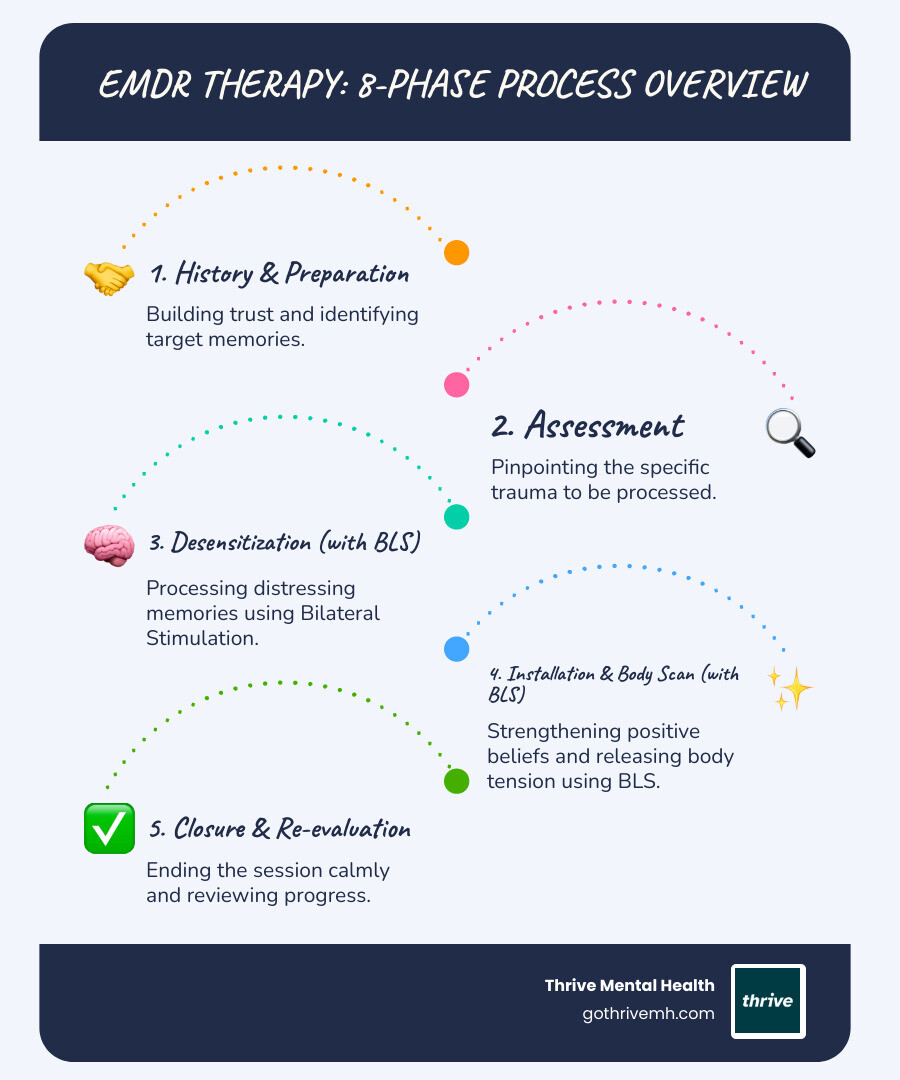 Infographic showing bilateral stimulation as one component within the full 8-phase EMDR therapy process, with phases labeled: History-Taking, Preparation, Assessment, Desensitization (uses BLS), Installation (uses BLS), Body Scan (uses BLS), Closure, and Re-evaluation - Bilateral Stimulation vs EMDR: Whats the Difference? infographic infographic-line-5-steps-blues-accent_colors