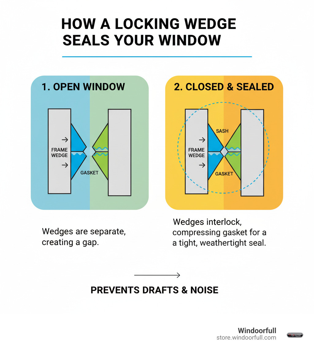 Infographic showing how a locking wedge works: Two opposing angled wedge halves in the window sash and frame slide together as the window closes, forcing the sash tightly against the frame gasket to create a weathertight seal and prevent drafts - upvc window locking wedges replacement infographic Infographic showing how a locking wedge works: Two opposing angled wedge halves in the window sash and frame slide together as the window closes, forcing the sash tightly against the frame gasket to create a weathertight seal and prevent drafts - upvc window locking wedges replacement infographic
