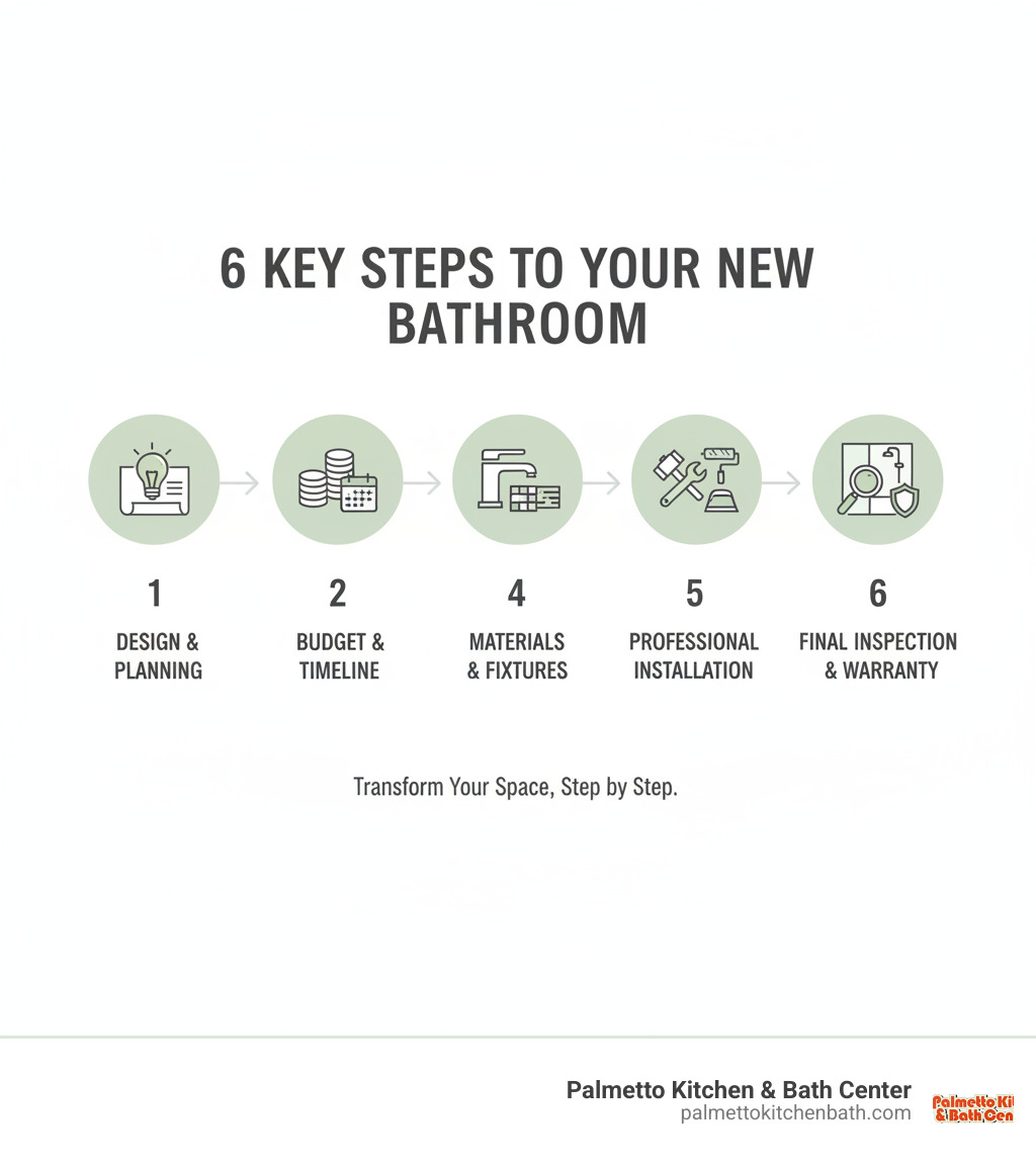 Infographic showing the 6 key steps of a bathroom remodel: 1) Design consultation and planning, 2) Budget and timeline establishment, 3) Material and fixture selection, 4) Demolition and preparation, 5) Professional installation of plumbing, electrical, and finishes, 6) Final inspection and post-care warranty - bathroom remodel ideas near me infographic Infographic showing the 6 key steps of a bathroom remodel: 1) Design consultation and planning, 2) Budget and timeline establishment, 3) Material and fixture selection, 4) Demolition and preparation, 5) Professional installation of plumbing, electrical, and finishes, 6) Final inspection and post-care warranty - bathroom remodel ideas near me infographic