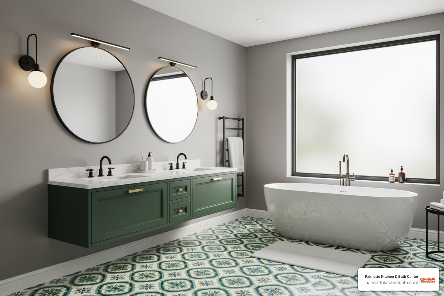 bathroom with vibrant geometric floor tiles and a dark green vanity - bathroom remodel ideas near me bathroom with vibrant geometric floor tiles and a dark green vanity - bathroom remodel ideas near me