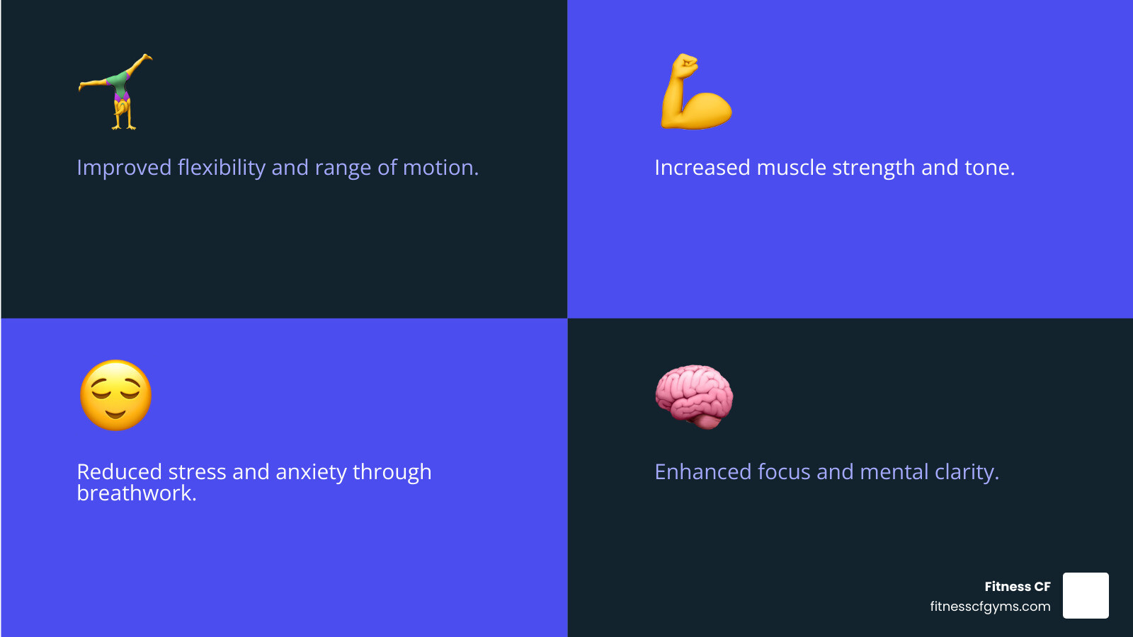 Infographic showing the key benefits of yoga practice including improved flexibility and range of motion, increased muscle strength and tone, better cardiovascular and circulatory health, reduced stress and anxiety through breathwork, enhanced focus and mental clarity, improved posture and body awareness, and support for injury recovery and prevention - Yoga studio Orlando infographic 4_facts_emoji_blue Infographic showing the key benefits of yoga practice including improved flexibility and range of motion, increased muscle strength and tone, better cardiovascular and circulatory health, reduced stress and anxiety through breathwork, enhanced focus and mental clarity, improved posture and body awareness, and support for injury recovery and prevention - Yoga studio Orlando infographic 4_facts_emoji_blue