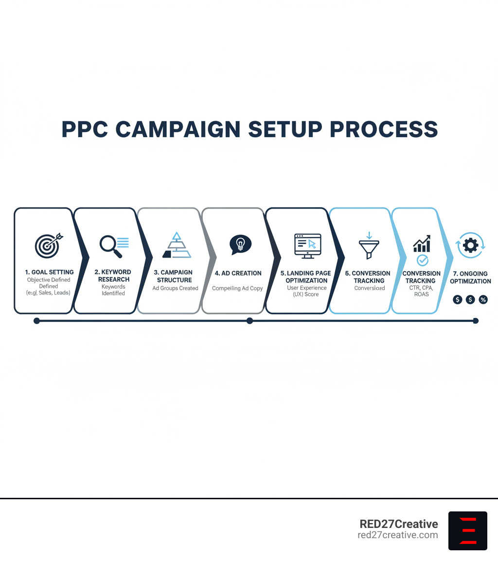 PPC Campaign Setup Process Infographic showing the complete workflow from goal setting through keyword research, campaign structure, ad creation, landing page optimization, conversion tracking, and ongoing optimization with key metrics at each stage - PPC campaign setup infographic PPC Campaign Setup Process Infographic showing the complete workflow from goal setting through keyword research, campaign structure, ad creation, landing page optimization, conversion tracking, and ongoing optimization with key metrics at each stage - PPC campaign setup infographic