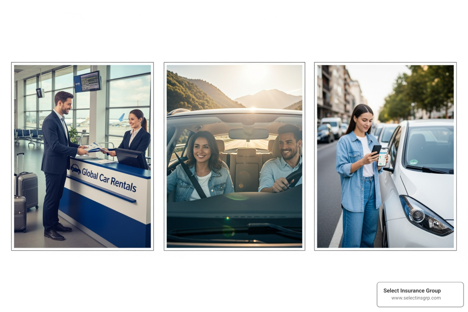 diverse situations: a person renting a car, another borrowing a friend's SUV, someone using a car-share app - non owners drivers insurance