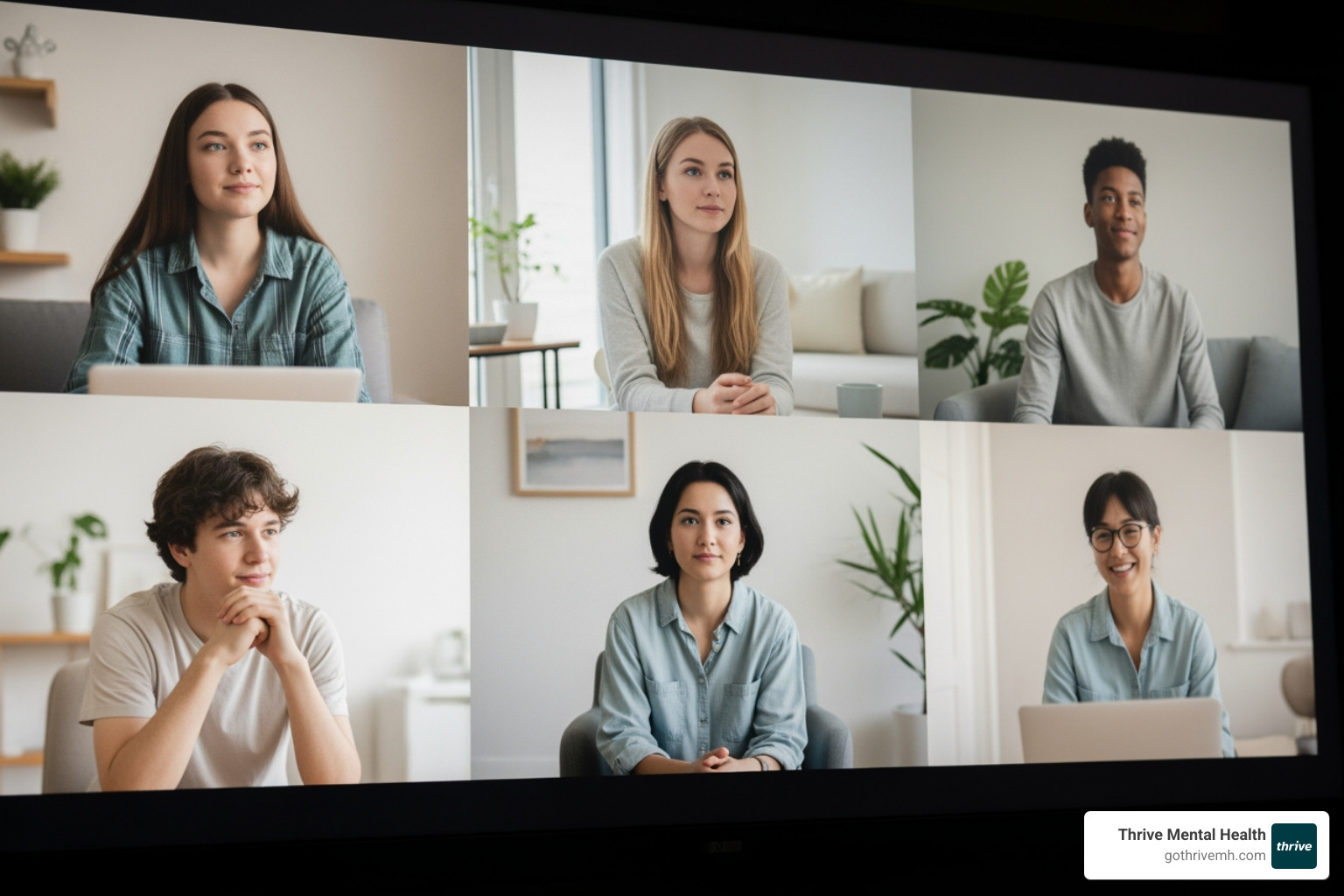 Diverse teens in a virtual group therapy grid - teen virtual iop Diverse teens in a virtual group therapy grid - teen virtual iop