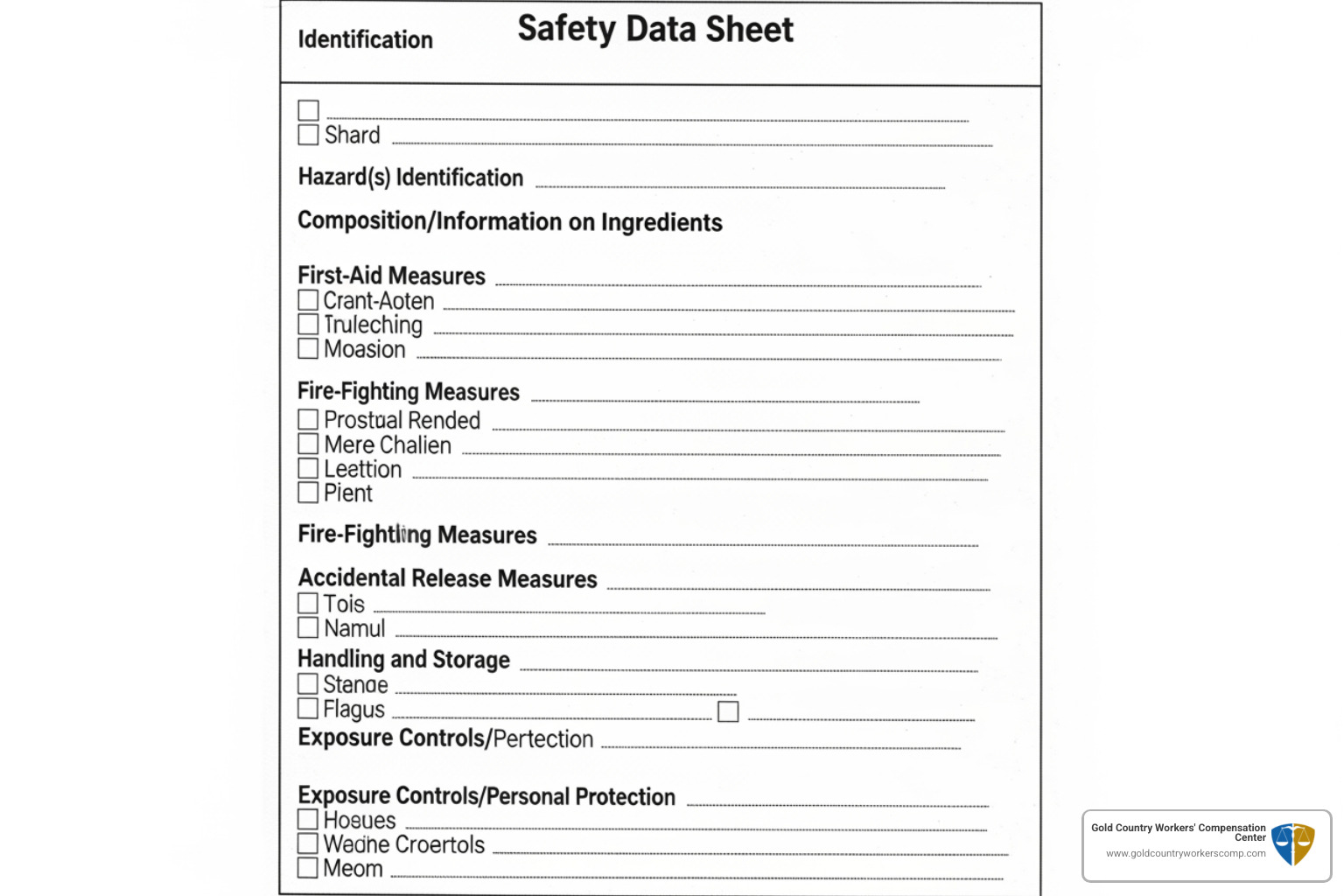 A sample Safety Data Sheet (SDS) with sections like Identification, Hazard(s) Identification, Composition/Information on Ingredients, First-Aid Measures, Fire-Fighting Measures, Accidental Release Measures, Handling and Storage, Exposure Controls/Personal Protection. - chemical exposure workers compensation A sample Safety Data Sheet (SDS) with sections like Identification, Hazard(s) Identification, Composition/Information on Ingredients, First-Aid Measures, Fire-Fighting Measures, Accidental Release Measures, Handling and Storage, Exposure Controls/Personal Protection. - chemical exposure workers compensation