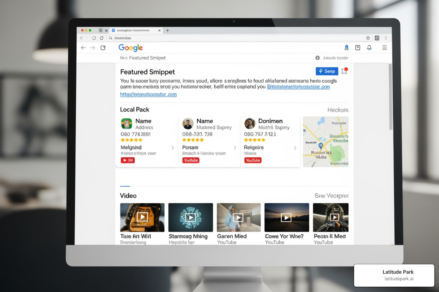 diverse Search Engine Results Page (SERP) showing different features like a featured snippet, local pack, and video results - google crawling indexing and ranking
