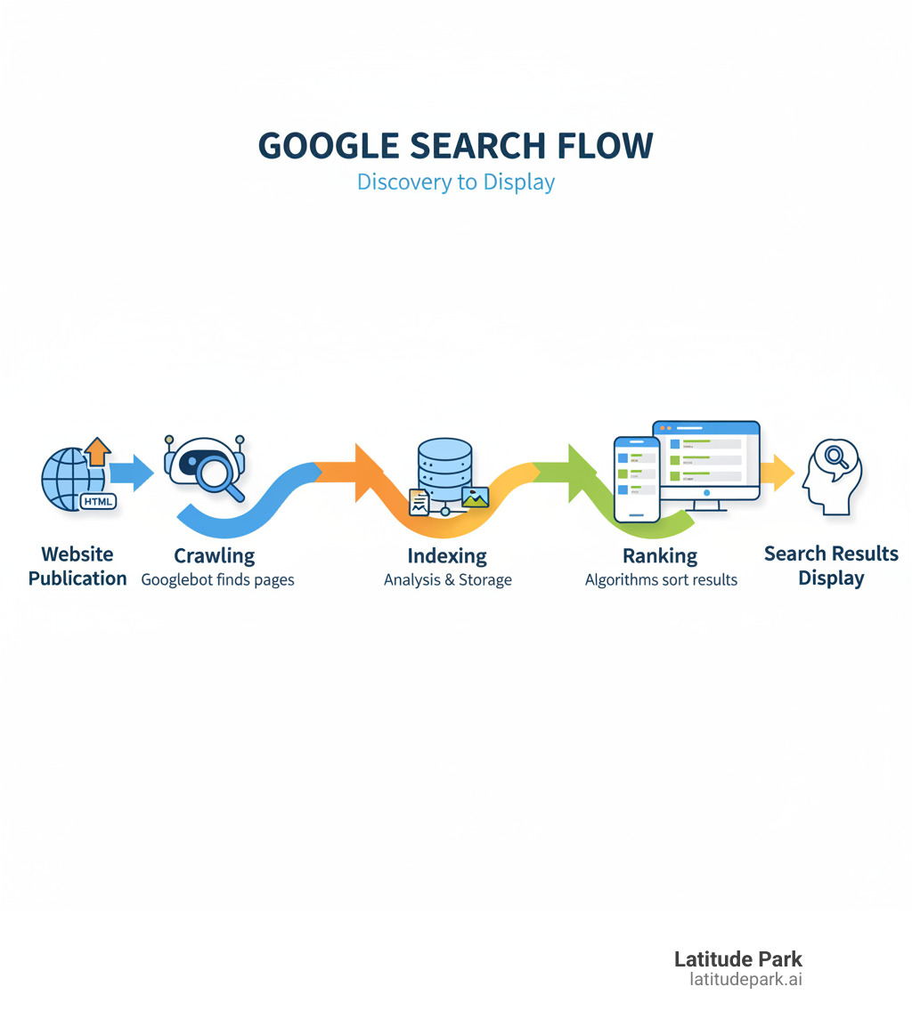 Infographic showing the flow from website publication through crawling by Googlebot, analysis and storage during indexing, and final display in search results based on ranking algorithms, with arrows connecting each stage and icons representing bots, databases, and search result pages - google crawling indexing and ranking infographic 