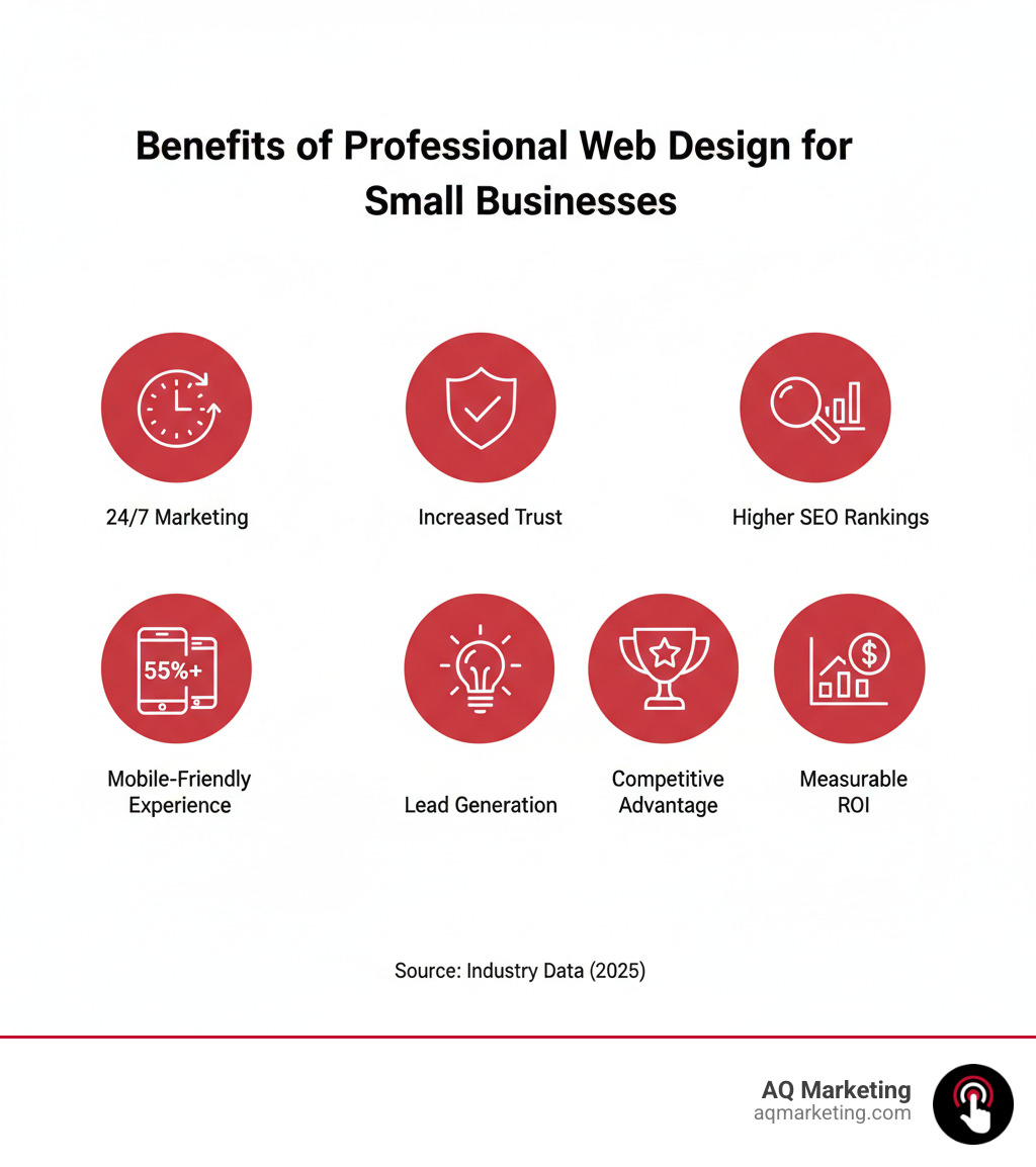 Infographic showing the key benefits of professional web design for small businesses: 24/7 marketing presence, increased credibility and trust, higher search engine rankings, mobile-friendly experience for 55%+ of visitors, lead generation and conversion tools, competitive advantage in local markets, and measurable ROI through analytics tracking - web design Woburn infographic Infographic showing the key benefits of professional web design for small businesses: 24/7 marketing presence, increased credibility and trust, higher search engine rankings, mobile-friendly experience for 55%+ of visitors, lead generation and conversion tools, competitive advantage in local markets, and measurable ROI through analytics tracking - web design Woburn infographic