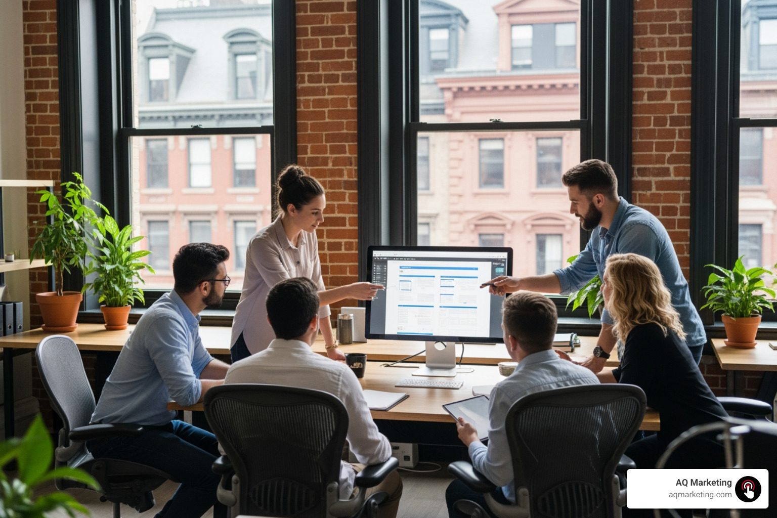 Web design team collaborating around a computer screen - web design Woburn Web design team collaborating around a computer screen - web design Woburn