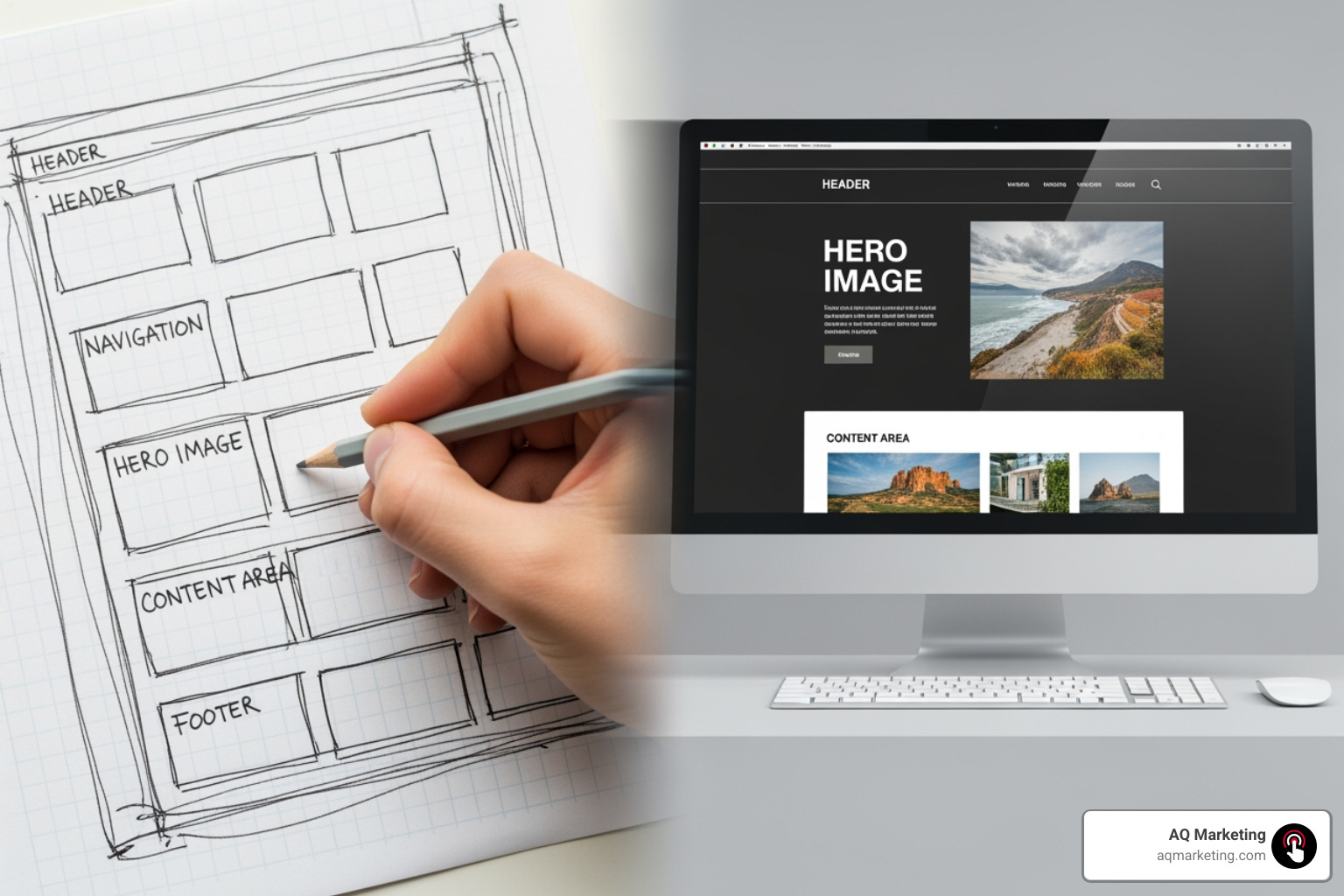 Wireframe sketch evolving into a polished website design - web design Woburn Wireframe sketch evolving into a polished website design - web design Woburn