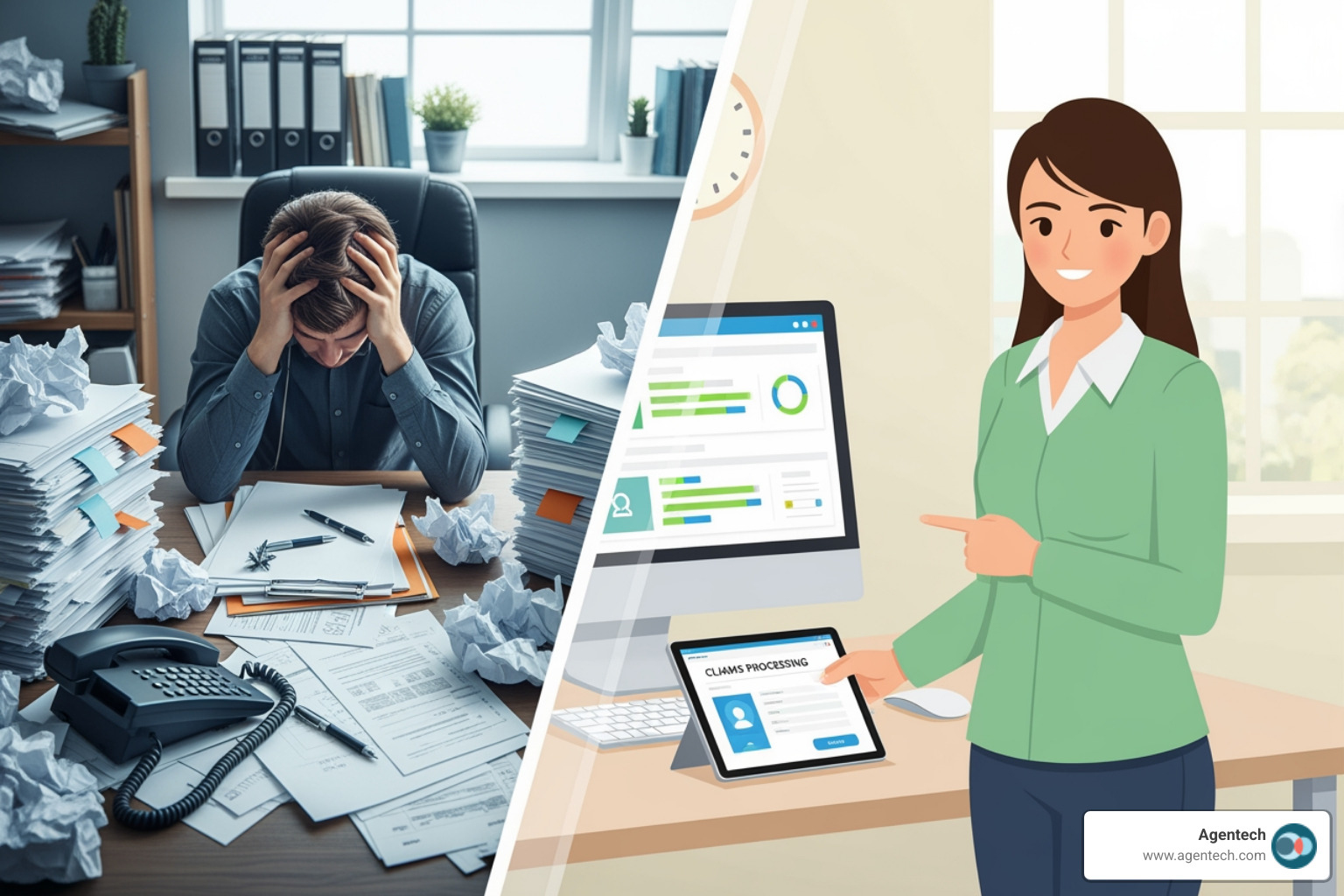 A dashboard displaying real-time metrics of AI agents handling claims tasks. The dashboard shows a high volume of tasks processed, categorized by type (e.g., data extraction, policy verification, fraud flagging), with clear indicators of efficiency and accuracy. Smaller graphs show trends in task completion times and workload distribution among human adjusters, demonstrating how AI supports and optimizes the human workforce. - Efficient claims handling