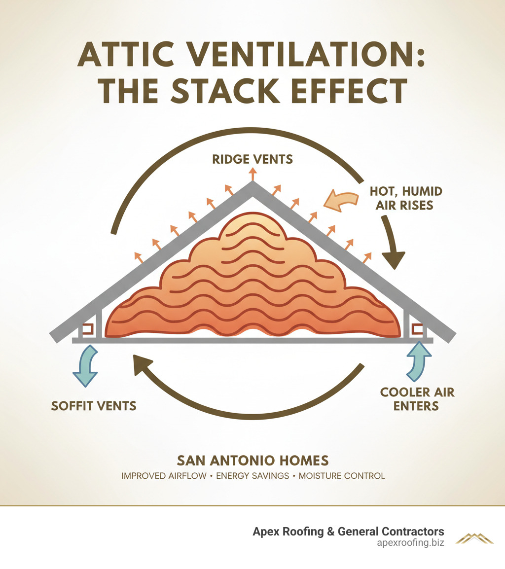 Infographic explaining the stack effect: cool air entering through soffit vents and hot air escaping through ridge vents. - Attic ventilation San Antonio infographic Infographic explaining the stack effect: cool air entering through soffit vents and hot air escaping through ridge vents. - Attic ventilation San Antonio infographic