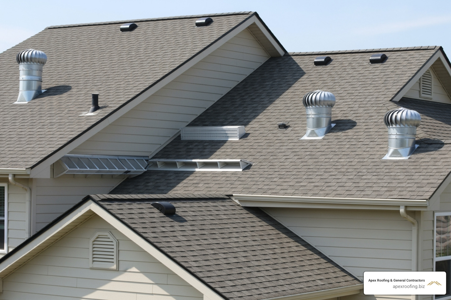 Different attic vent types (ridge, soffit, gable, turbine) installed on a roof - Attic ventilation San Antonio Different attic vent types (ridge, soffit, gable, turbine) installed on a roof - Attic ventilation San Antonio