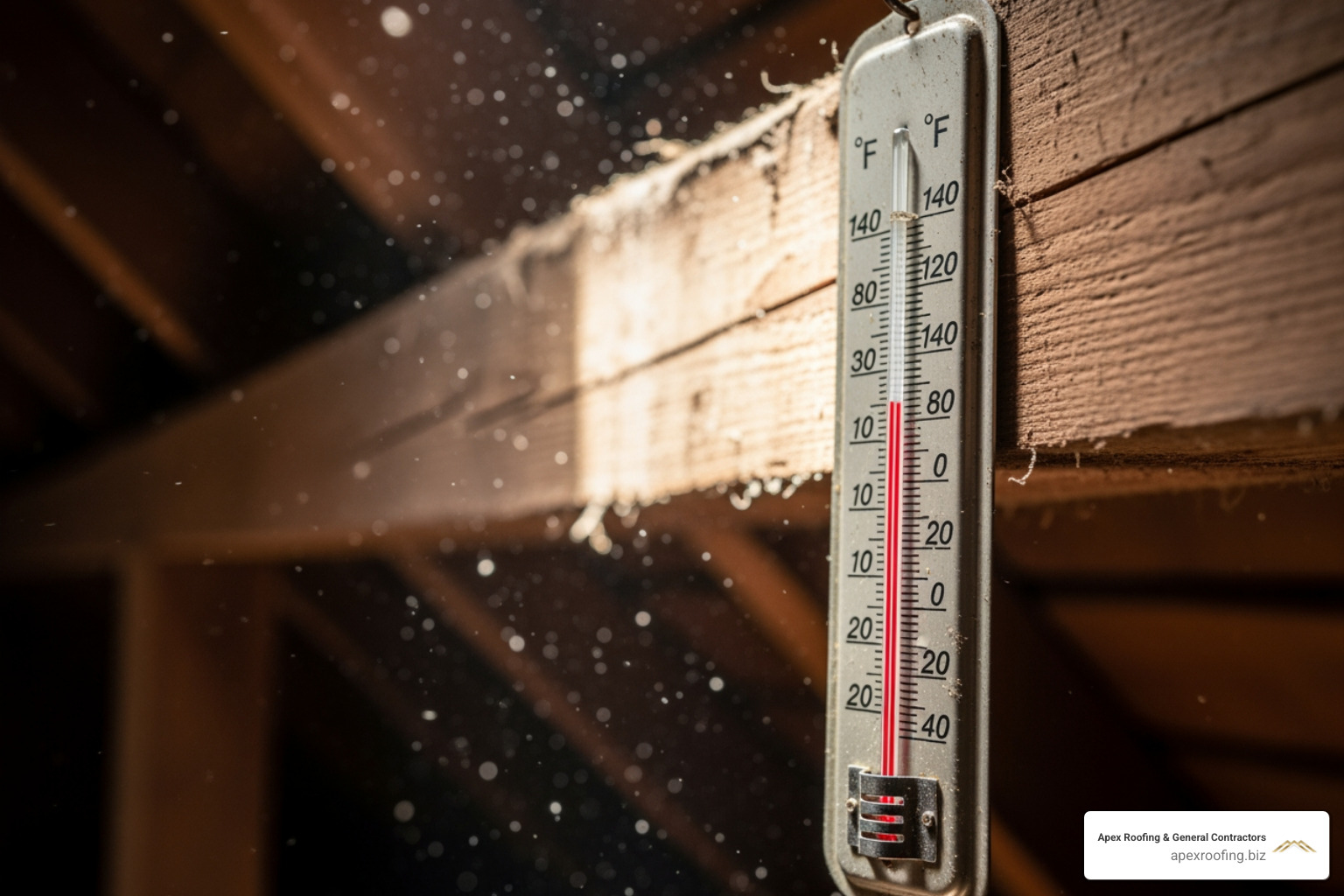 A thermometer inside an attic showing a temperature over 140°F - Attic ventilation San Antonio A thermometer inside an attic showing a temperature over 140°F - Attic ventilation San Antonio