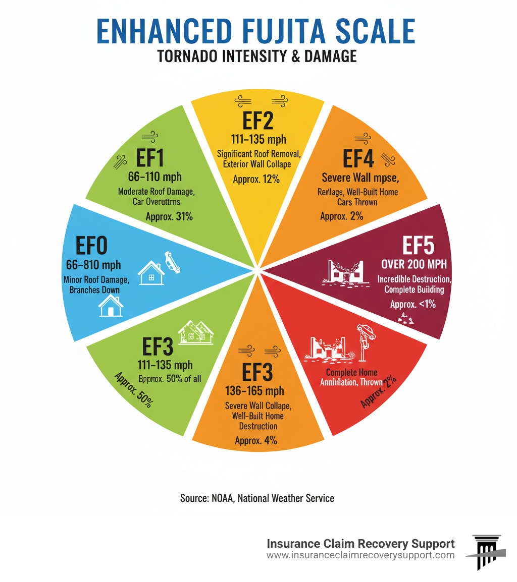 Infographic showing the Enhanced Fujita Scale from EF0 to EF5, with wind speed ranges (65-85 mph for EF0 up to over 200 mph for EF5), typical damage descriptions for each category including minor roof damage, roof removal, exterior wall collapse, well-built home destruction, and complete building annihilation, along with approximate percentage of annual tornadoes in each category - effects on tornadoes infographic 