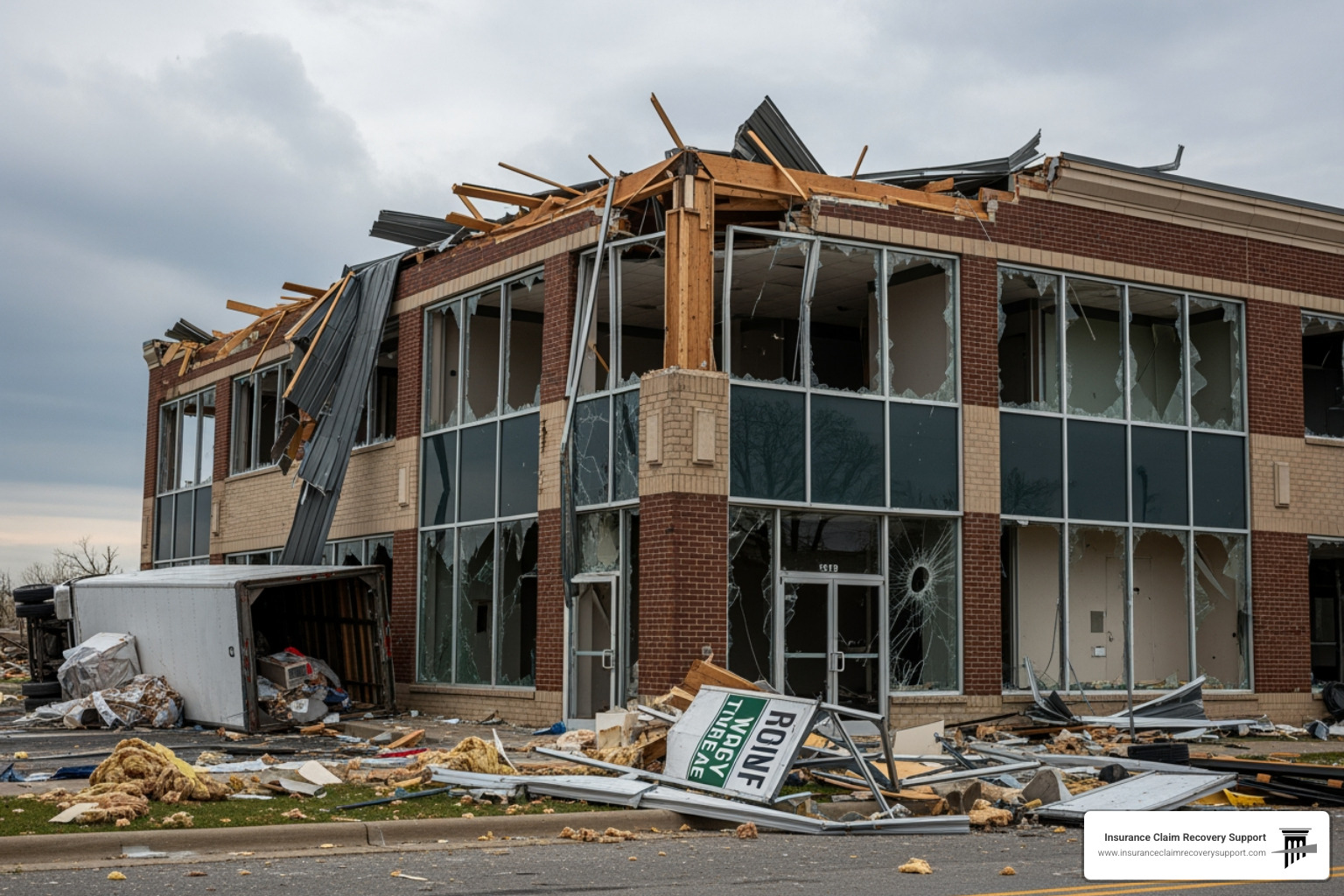 severely damaged commercial building after a tornado - effects on tornadoes