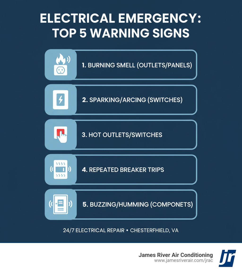 infographic showing the top 5 signs of an electrical emergency including burning smells from outlets or panels, sparking or arcing from switches, outlets that are hot to touch, circuit breakers that trip repeatedly, and buzzing or humming sounds from electrical components - 24/7 electrical repair in chesterfield, va infographic infographic showing the top 5 signs of an electrical emergency including burning smells from outlets or panels, sparking or arcing from switches, outlets that are hot to touch, circuit breakers that trip repeatedly, and buzzing or humming sounds from electrical components - 24/7 electrical repair in chesterfield, va infographic