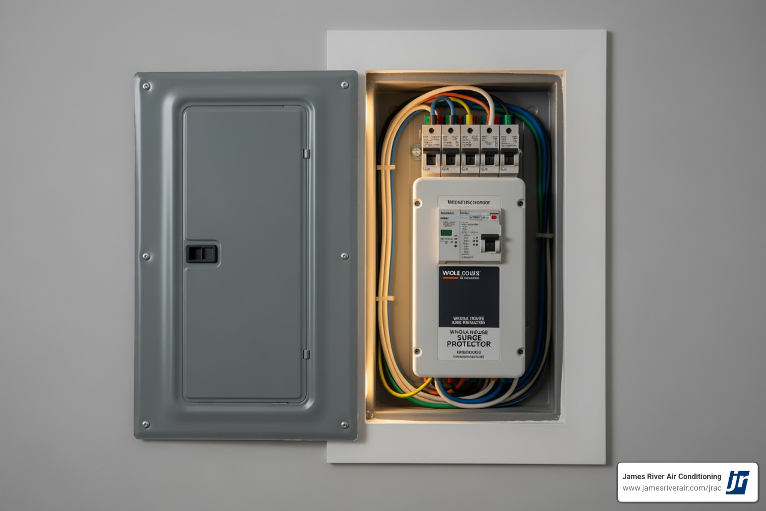 a modern home with a whole-house surge protector installed, with a subtle glow around the electrical panel, indicating protection - 24/7 electrical repair in chesterfield, va a modern home with a whole-house surge protector installed, with a subtle glow around the electrical panel, indicating protection - 24/7 electrical repair in chesterfield, va