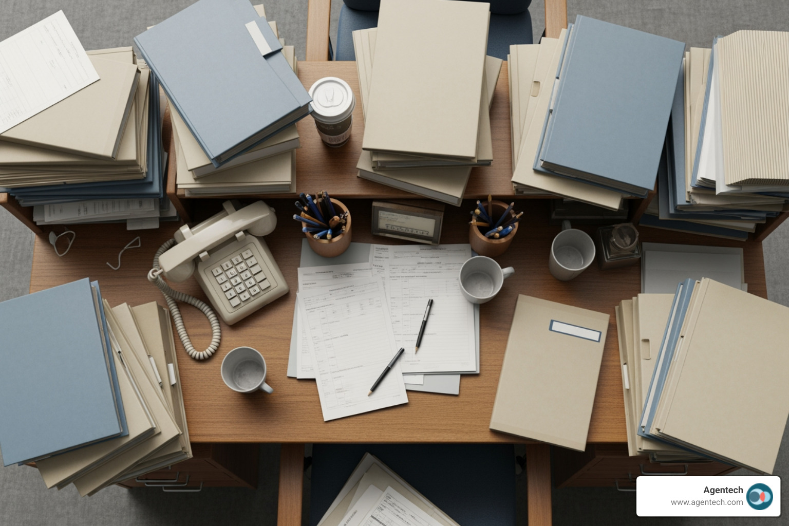 adjuster's desk cluttered with paper files - Simplify claims process