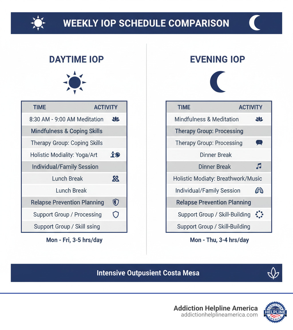 table comparing a typical weekly schedule for a Daytime IOP vs an Evening IOP - Intensive outpatient Costa Mesa infographic 